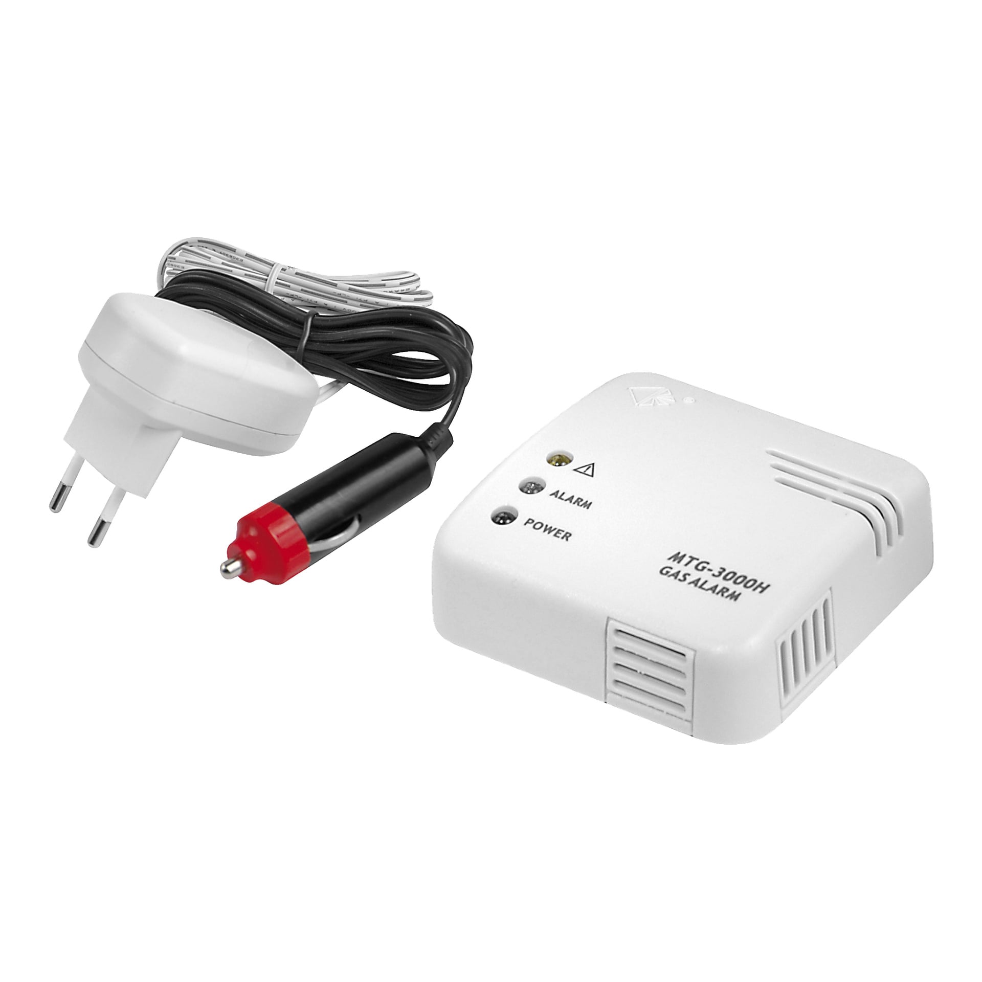 Nexa Gas Alarm MTG-3000H, en hvit gassalarm med synlige indikatorlys, ledsages av en europeisk strømadapter og en svart DC-adapter med rød spiss.