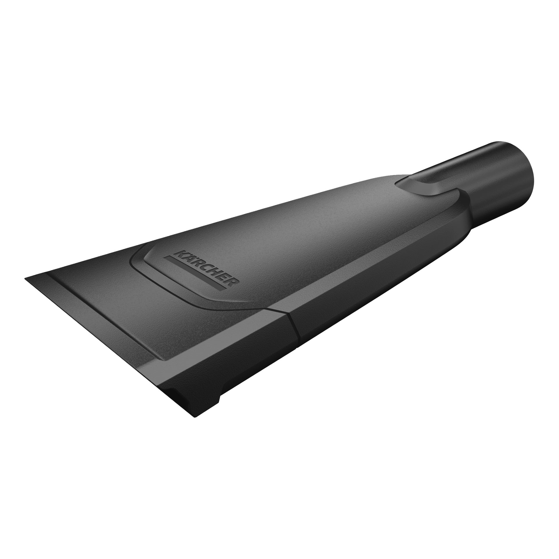 Ett svart plastmunstycke i plast har en bred, platt öppning och Kärcher-logotypen är präglad på toppen.