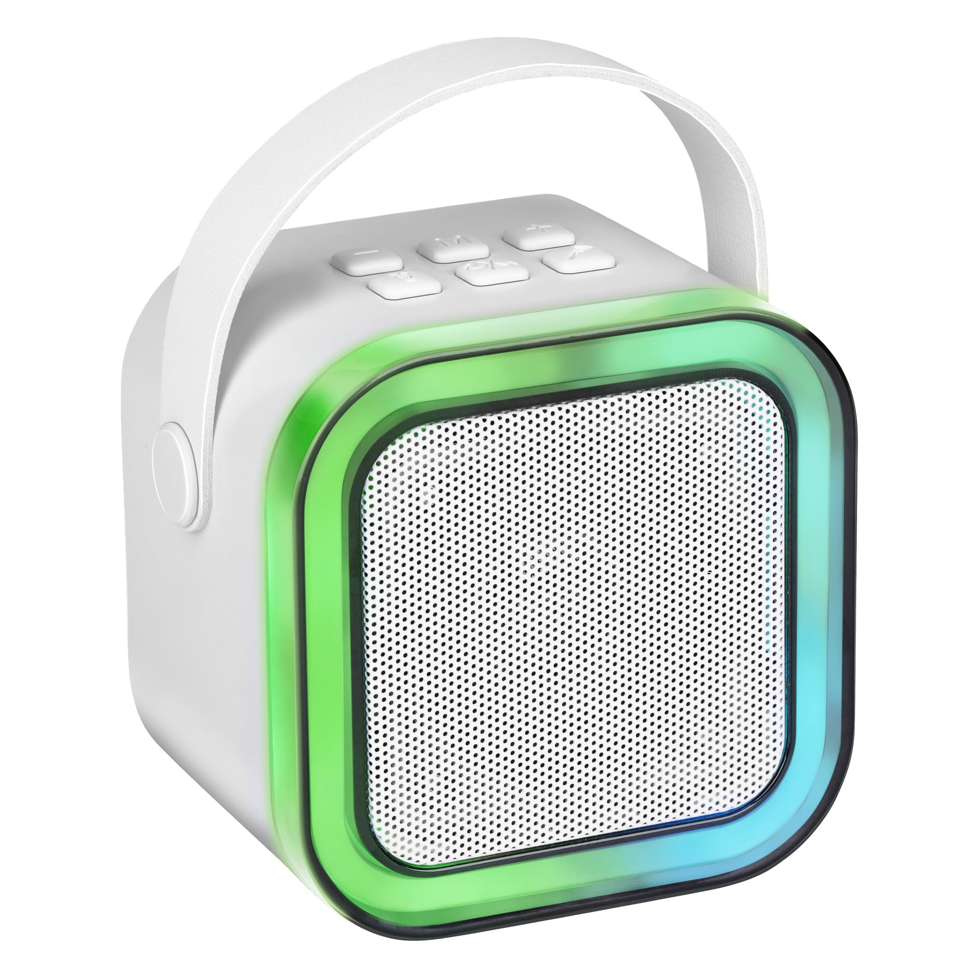 Kwadratowy biały głośnik Bluetooth z uchwytem, górnymi przyciskami sterującymi oraz świecącą zielono-niebieską taśmą LED wokół przedniej atrapy chłodnicy.