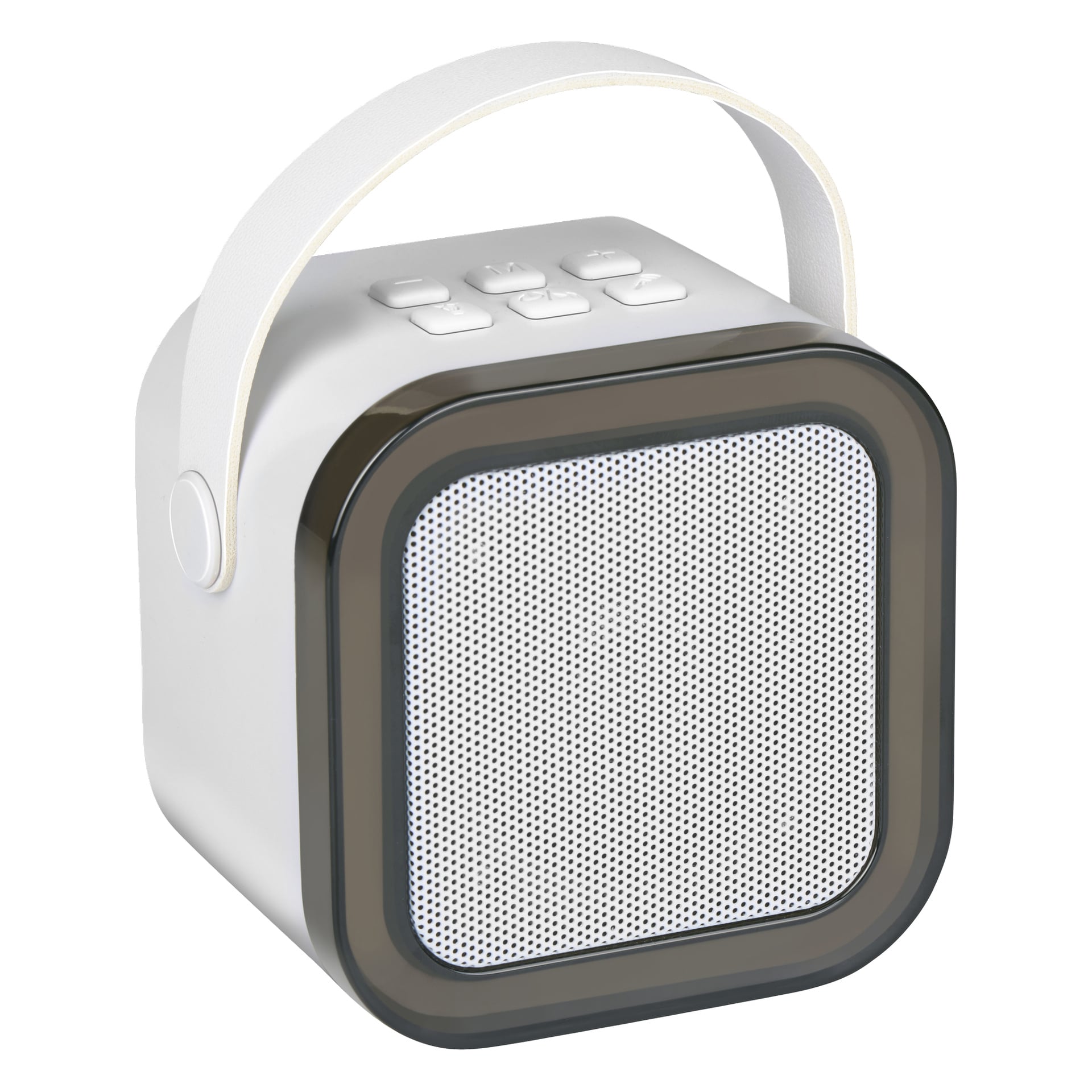 Przenośny, kwadratowy głośnik Bluetooth z białą obudową, czarno-białą atrapą chłodnicy, górnymi przyciskami sterującymi oraz uchwytem do przenoszenia.