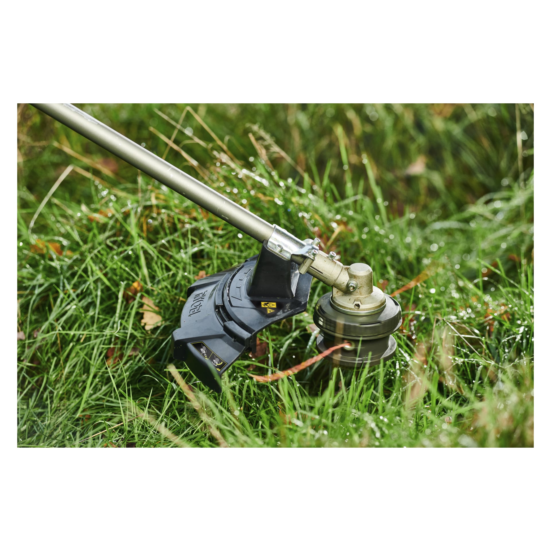 Närbild på en trimmer som klipper högt, daggvått gräs utomhus, med sitt metallhuvud och svarta plastskydd bland gröna blad.