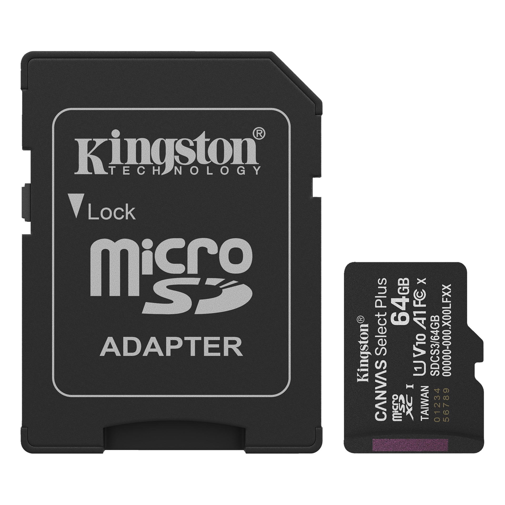 En svart Kingston microSD-adapter sitter bredvid ett 64GB Kingston Canvas Select Plus microSD-kort, båda visar sina etiketter.