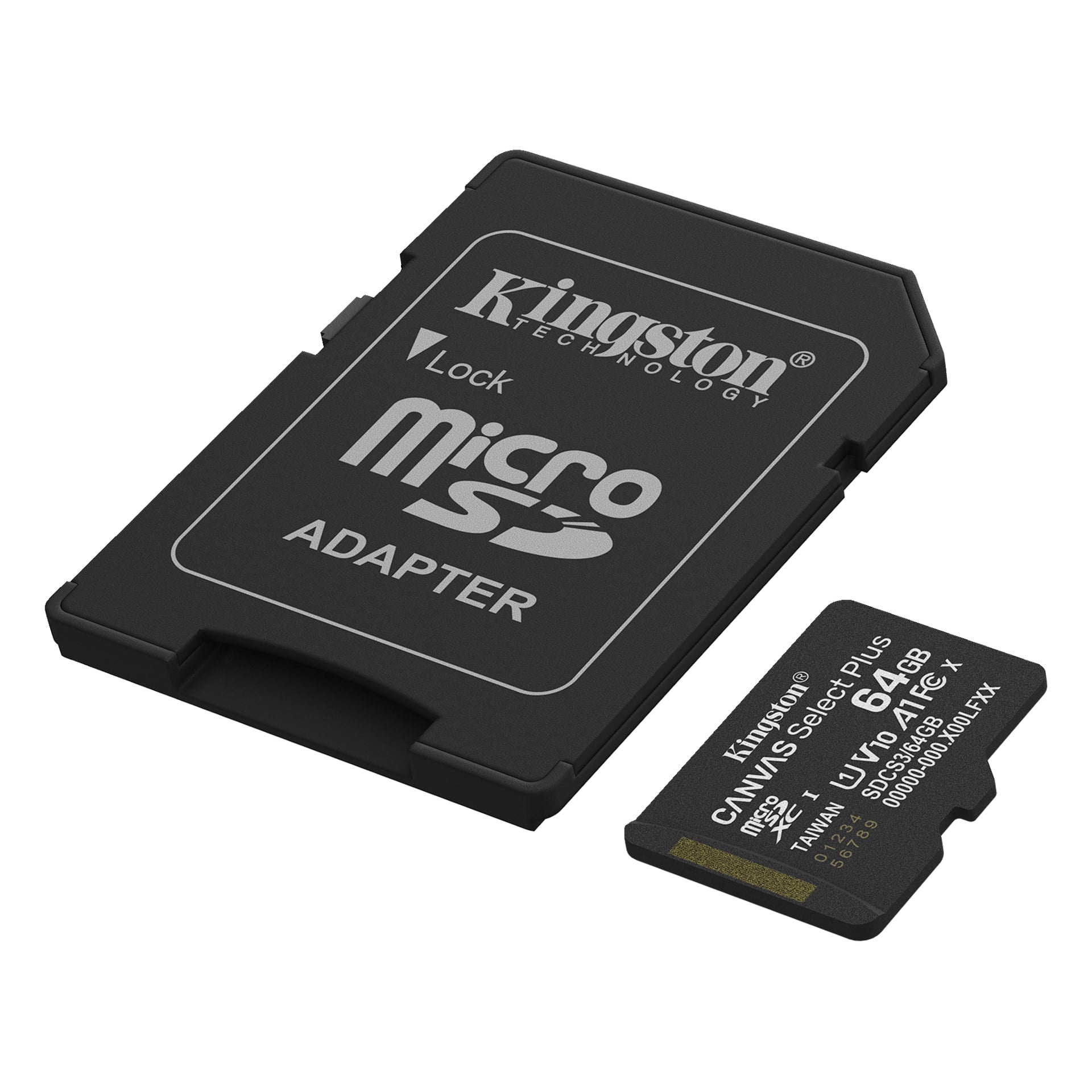 En svart Kingston microSD-adapter sitter bredvid ett Kingston 64GB microSD-kort märkt Canvas Select Plus.