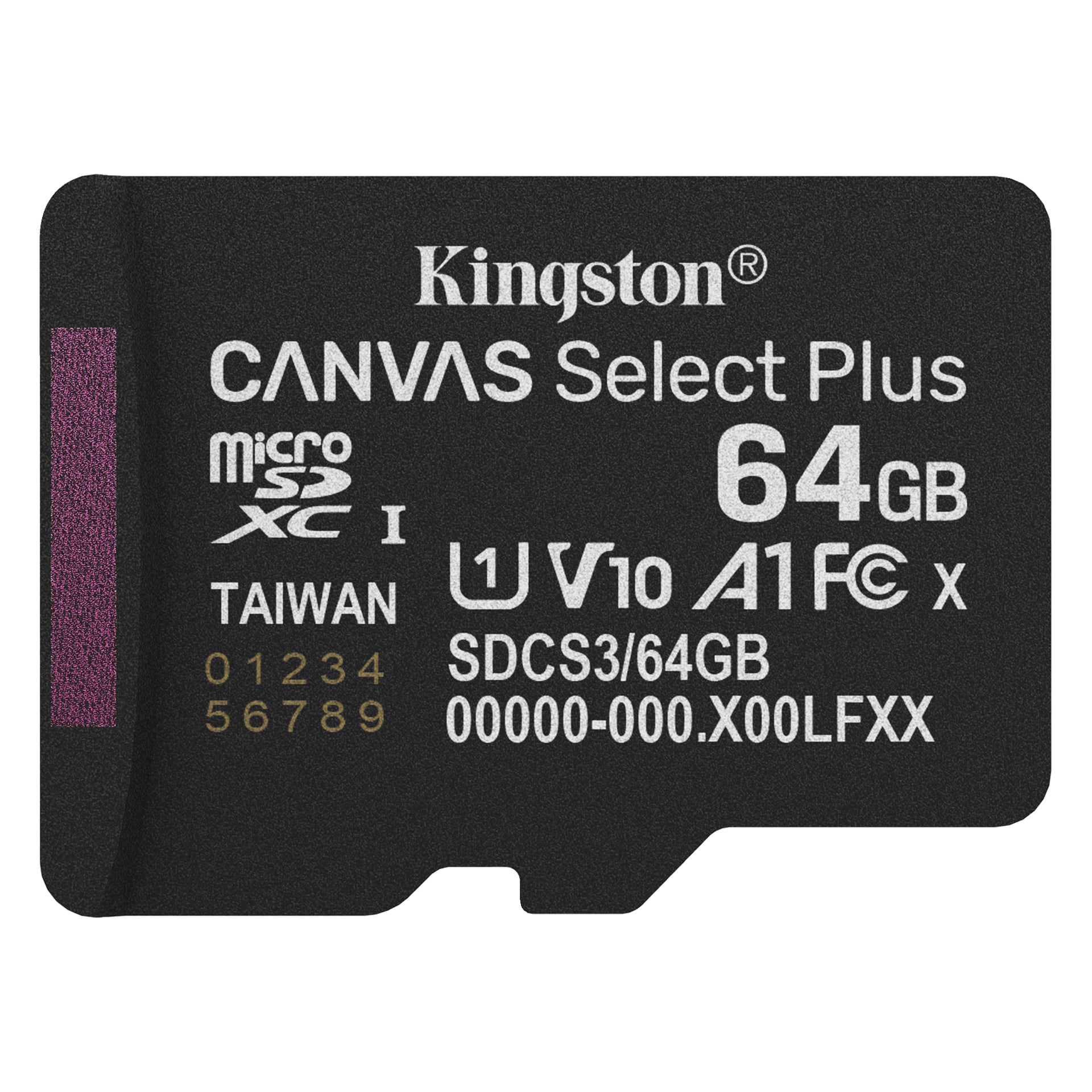 Kingston Canvas Select Plus 64GB microSDXC-minneskort märkt med V10, A1, U1, Klass 10, och tillverkat i Taiwan.