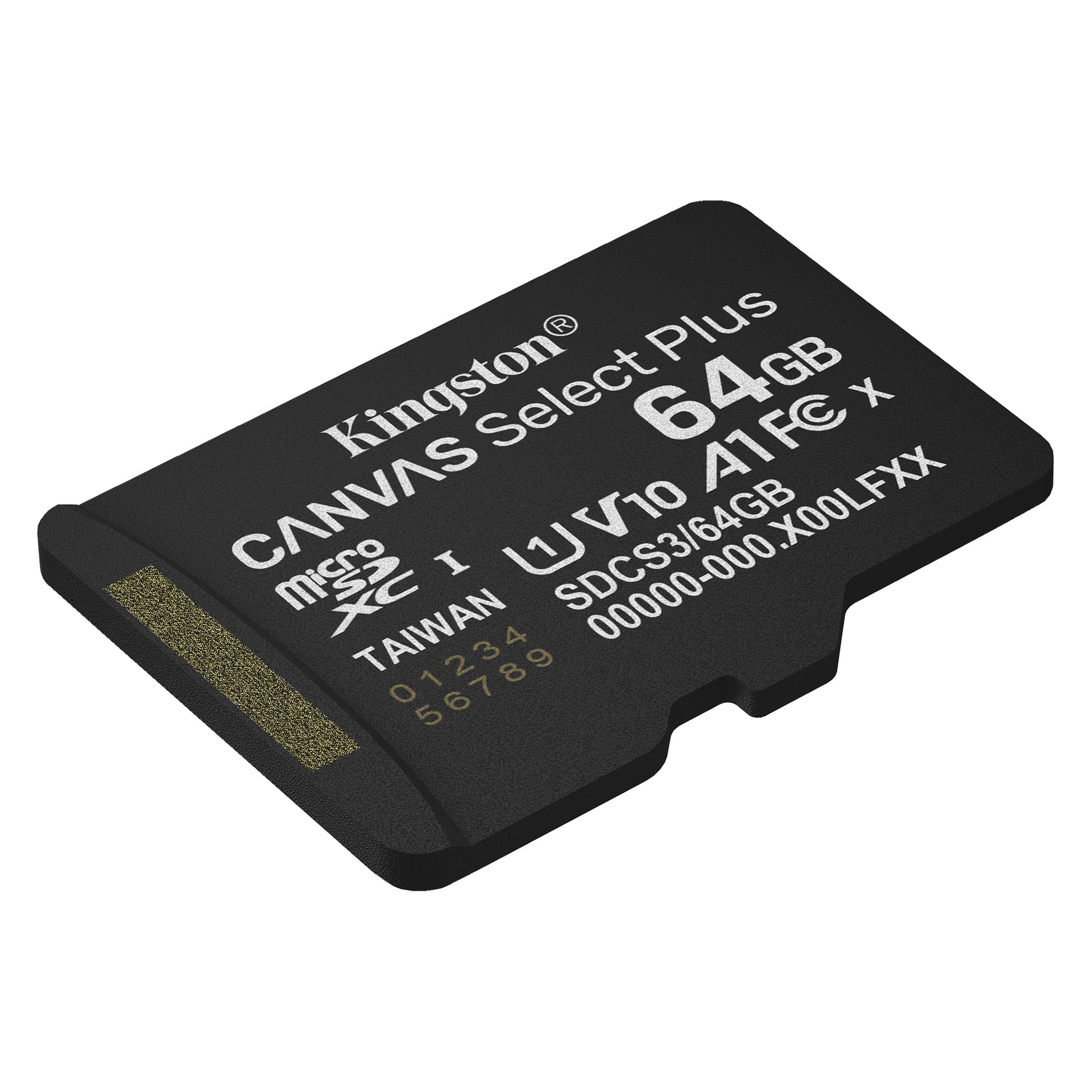 Kingston Canvas Select Plus 64GB microSD-kort, svart med guld/vita markeringar som A1, V10, SDCS2/64GB; kontakter lämnade.