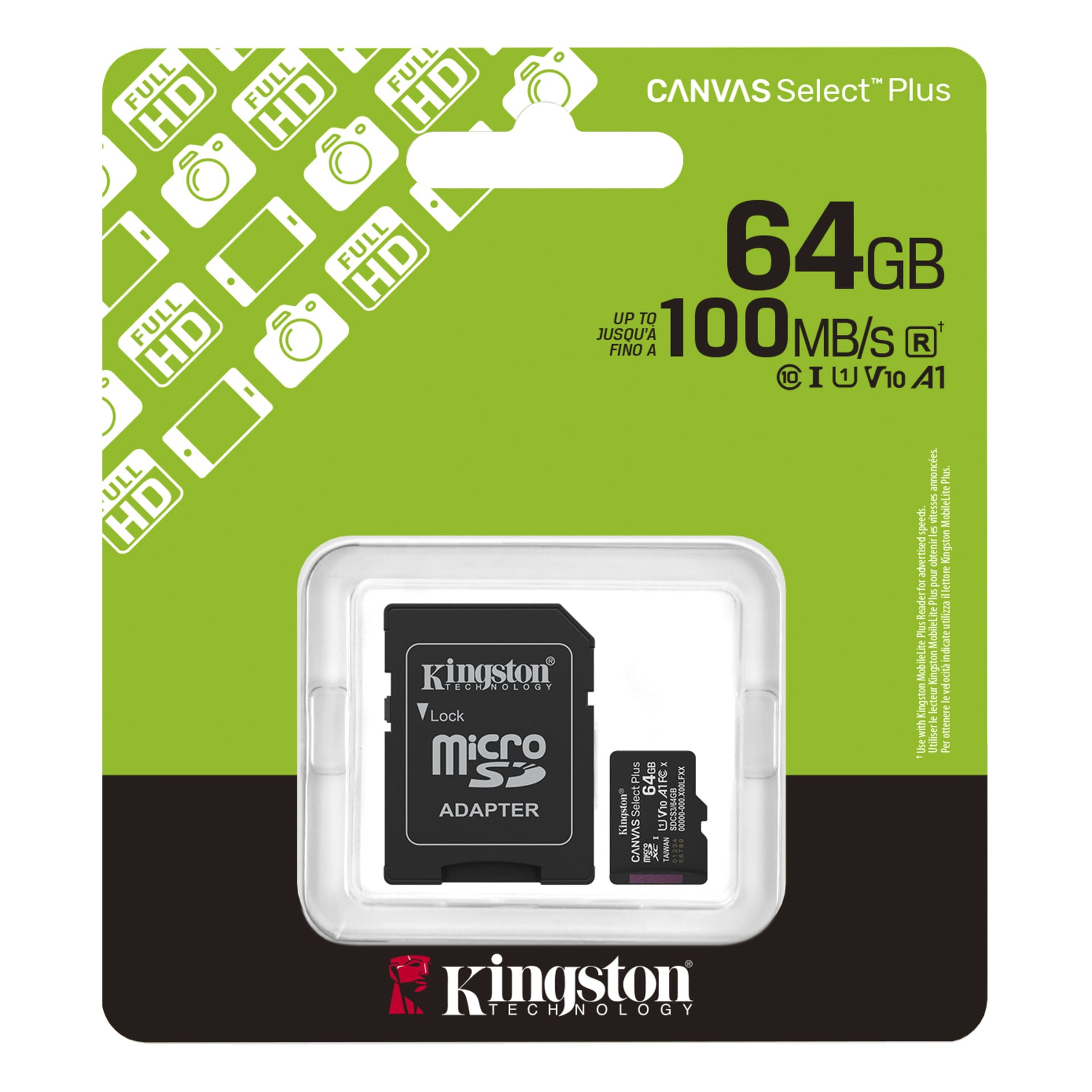 Kingston 64GB microSD-kort med adapter i grön och vit förpackning, med Canvas Select Plus, 100MB/s, Klass 10, UHS-I, V10. Kamera- och Full HD-ikoner visas.