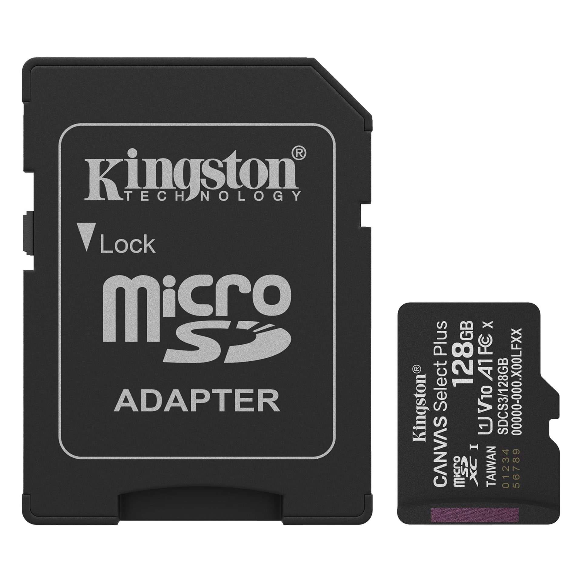 Obok siebie pokazano adapter microSD Kingston oraz 128GB kartę microSD Canvas Select Plus, obie z informacjami o produktach.