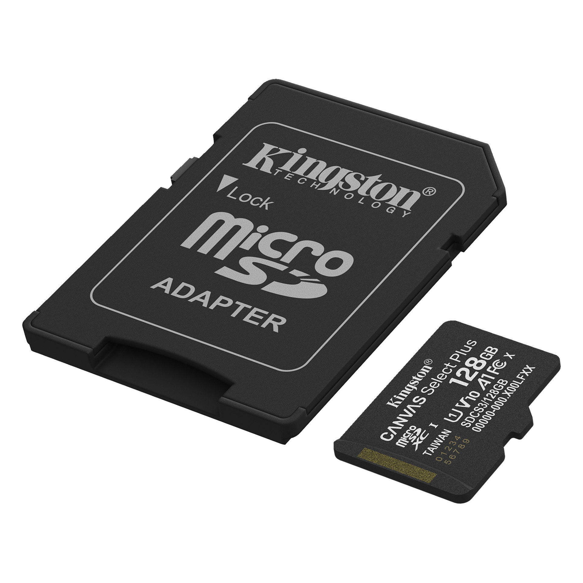 Obok karty microSD Kingston o rozmiarze 128GB znajduje się adapter do karty microSD Kingston oznaczonej jako Canvas Select Plus.