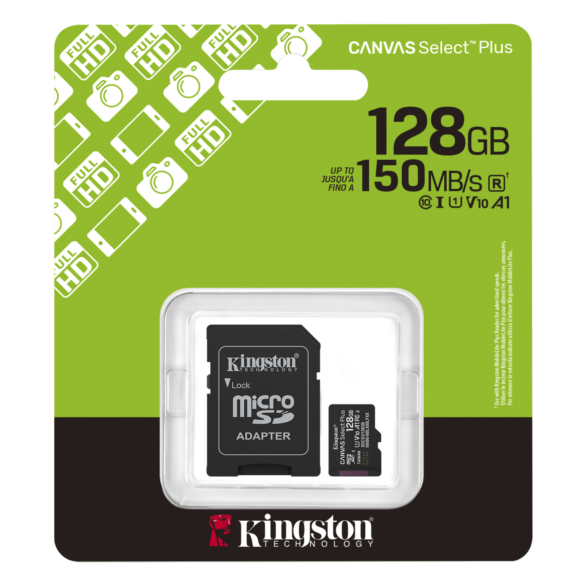 Kingston 128GB karta microSD i adapter w plastikowo-kartonowym opakowaniu, Canvas Select Plus, 150MB/s, ikony wspierające pełne HD.
