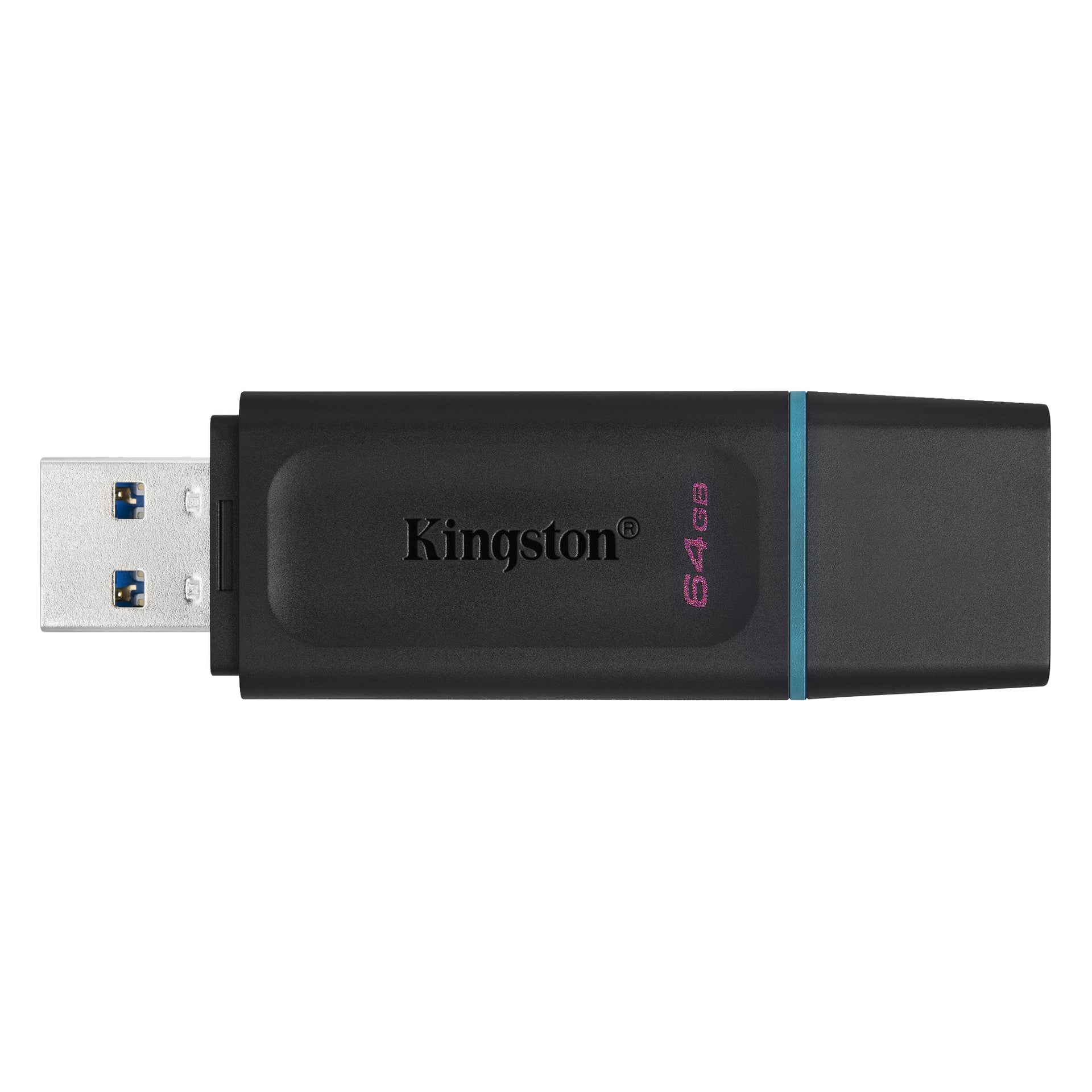 Ett svart Kingston USB-minne med blå accent och "64GB" i rosa, som visar dess USB-kontakt till vänster.