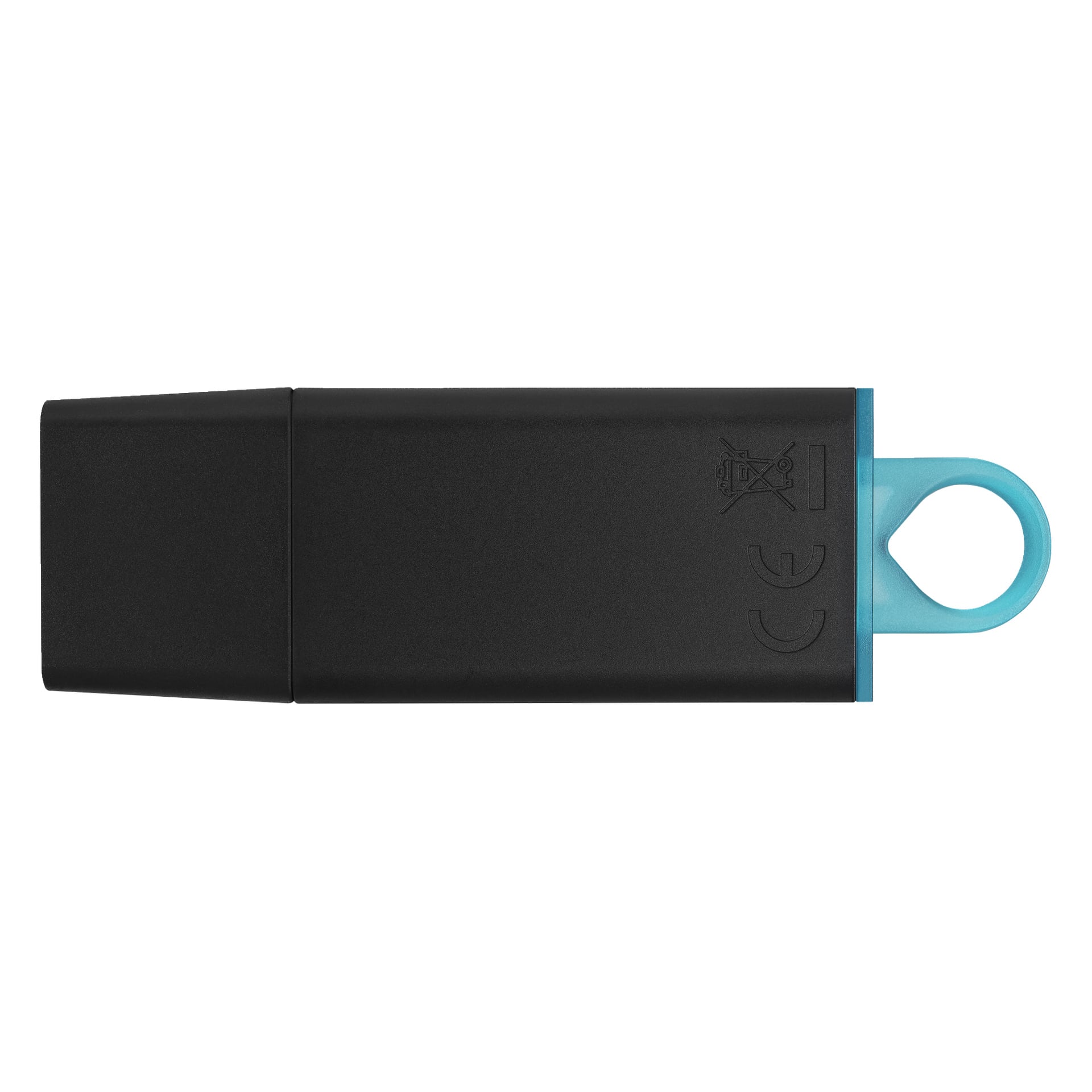 Ett svart USB-minne med en blå slinga i ena änden, sett från sidan, har CE- och papperskorgssymboler på ytan.