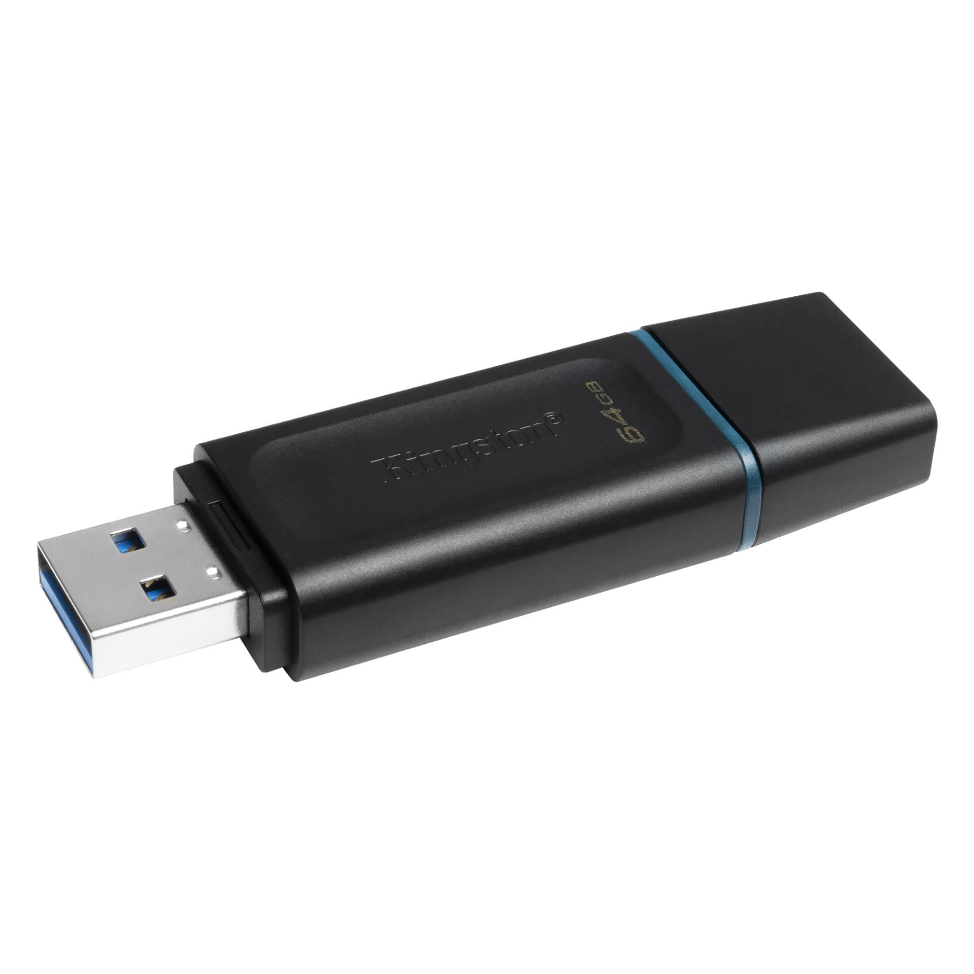 Ett 64 GB svart Kingston USB-minne med en blå accent nära kapsylen och en exponerad USB 3.0-kontakt visas.