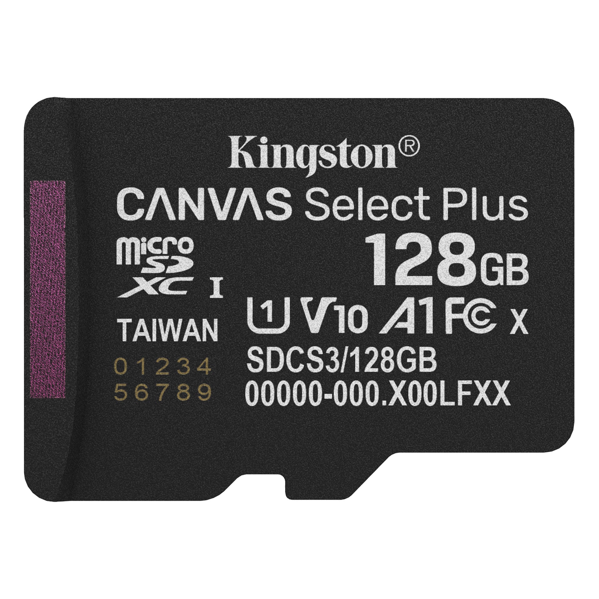 Kingston Canvas Select Plus 128GB karta pamięci microSDXC z oznaczeniami i kodami microSDXC I, V10, A1, FCC.