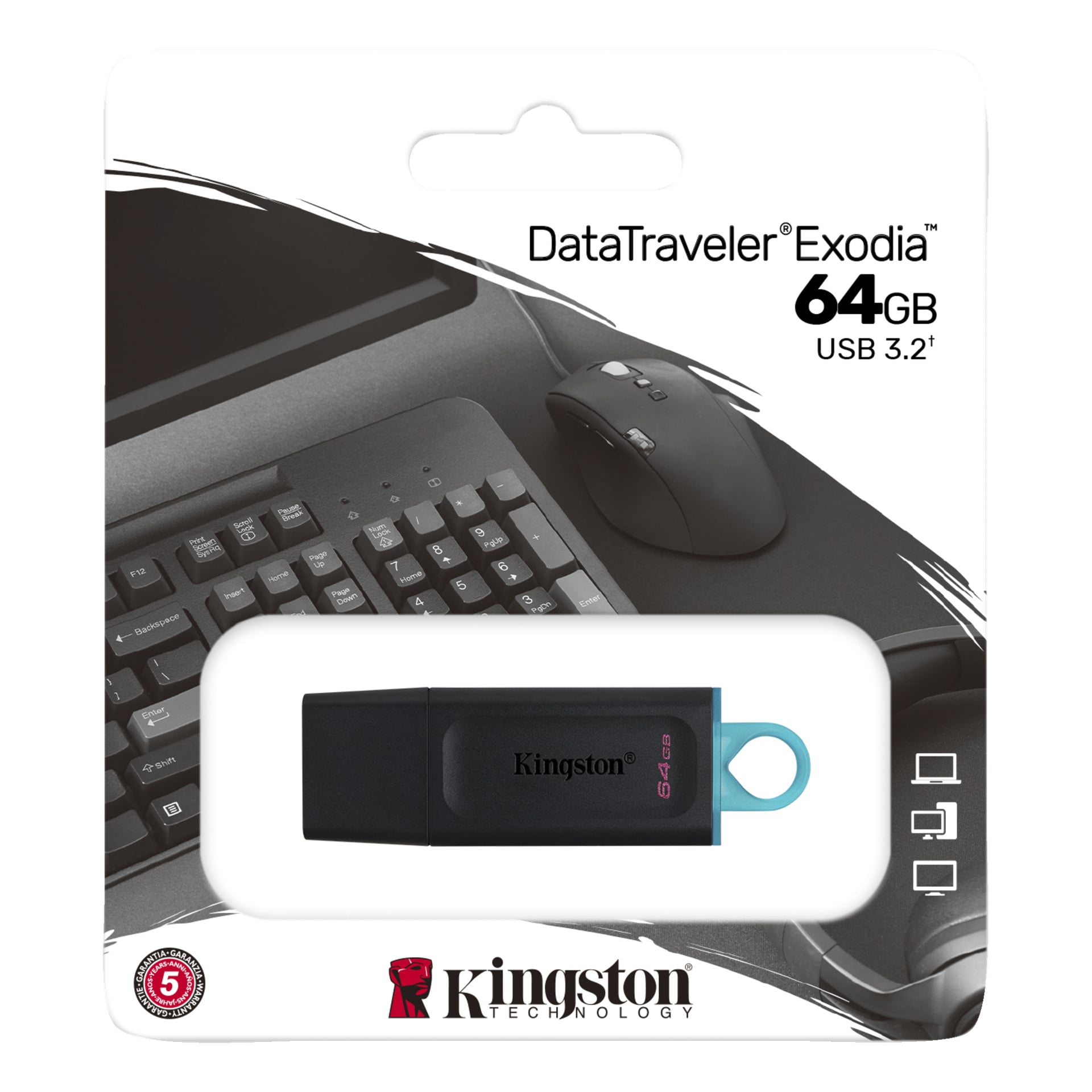 Ett svart Kingston DataTraveler Exodia 64GB USB 3.2-minne med en blå slinga, syns i paketet med tangentbord och mus bakom.