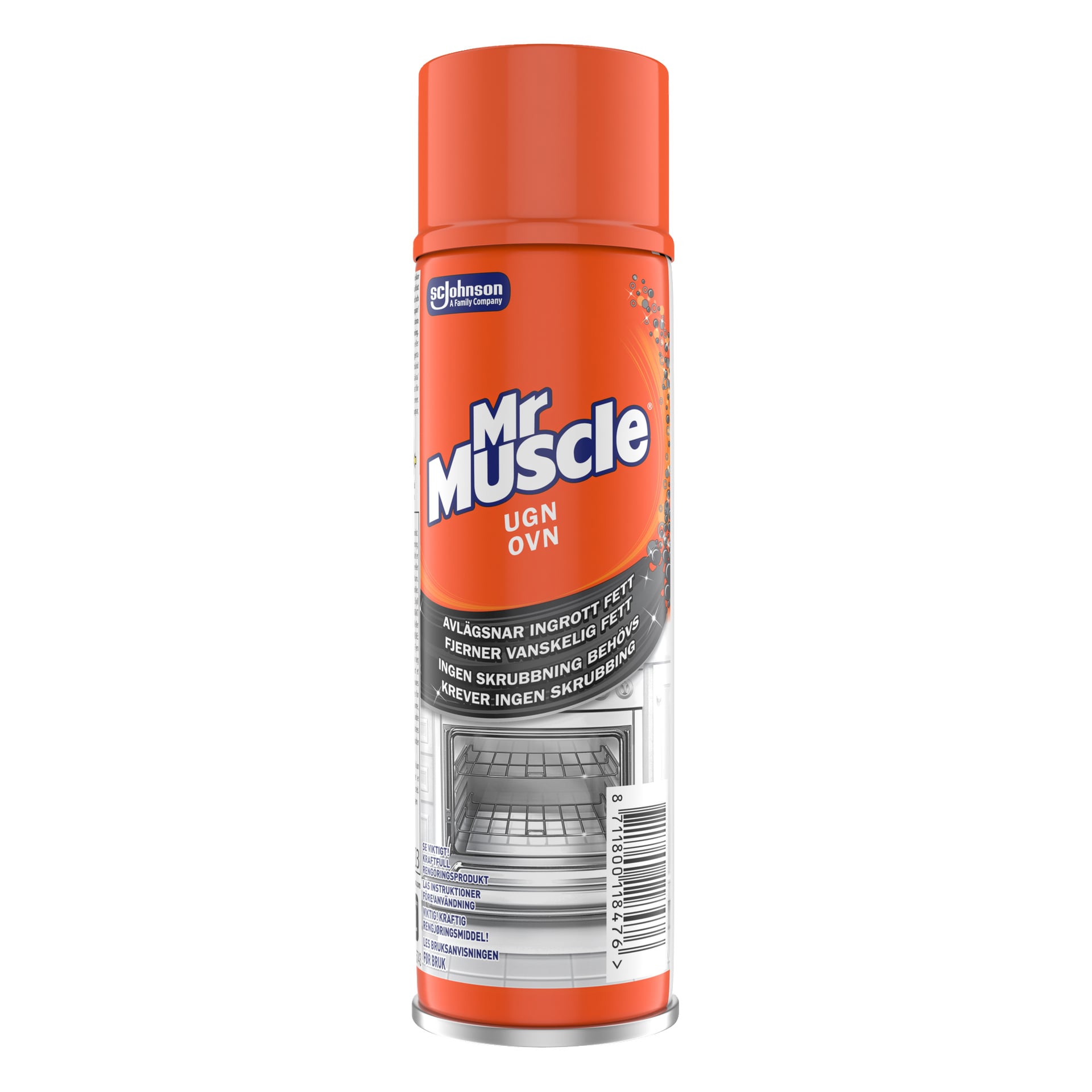 Mr Muscle Oven Cleaner sprayburk med en illustration av en ugnsinvändning. Text på norska anger att det tar bort fett och inte behöver skrubbas.