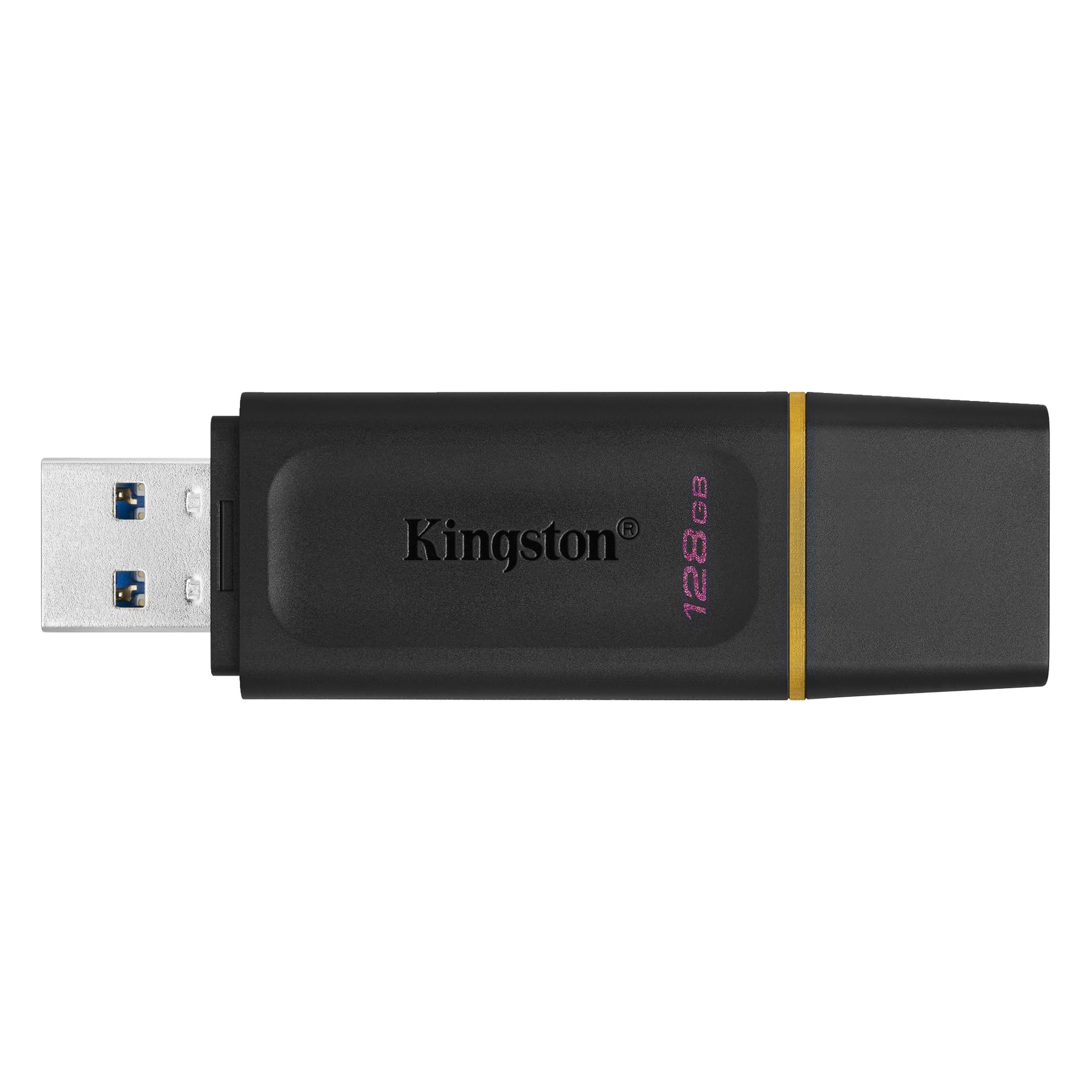 Ett svart Kingston USB 3.0-minne med 128GB kapacitet och ett guldfärgat accentband.