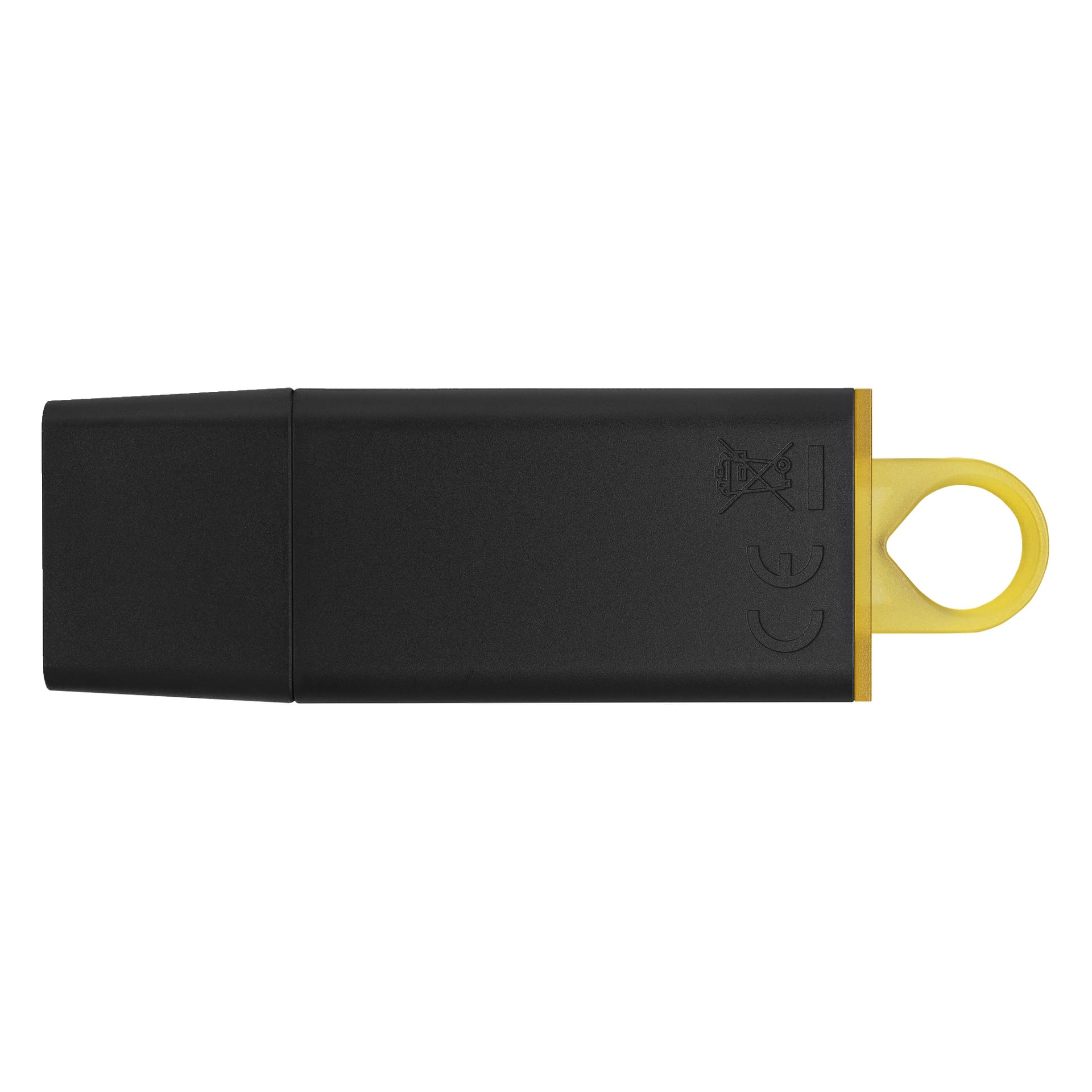 Svart USB-minne med gul slinga och markeringar.