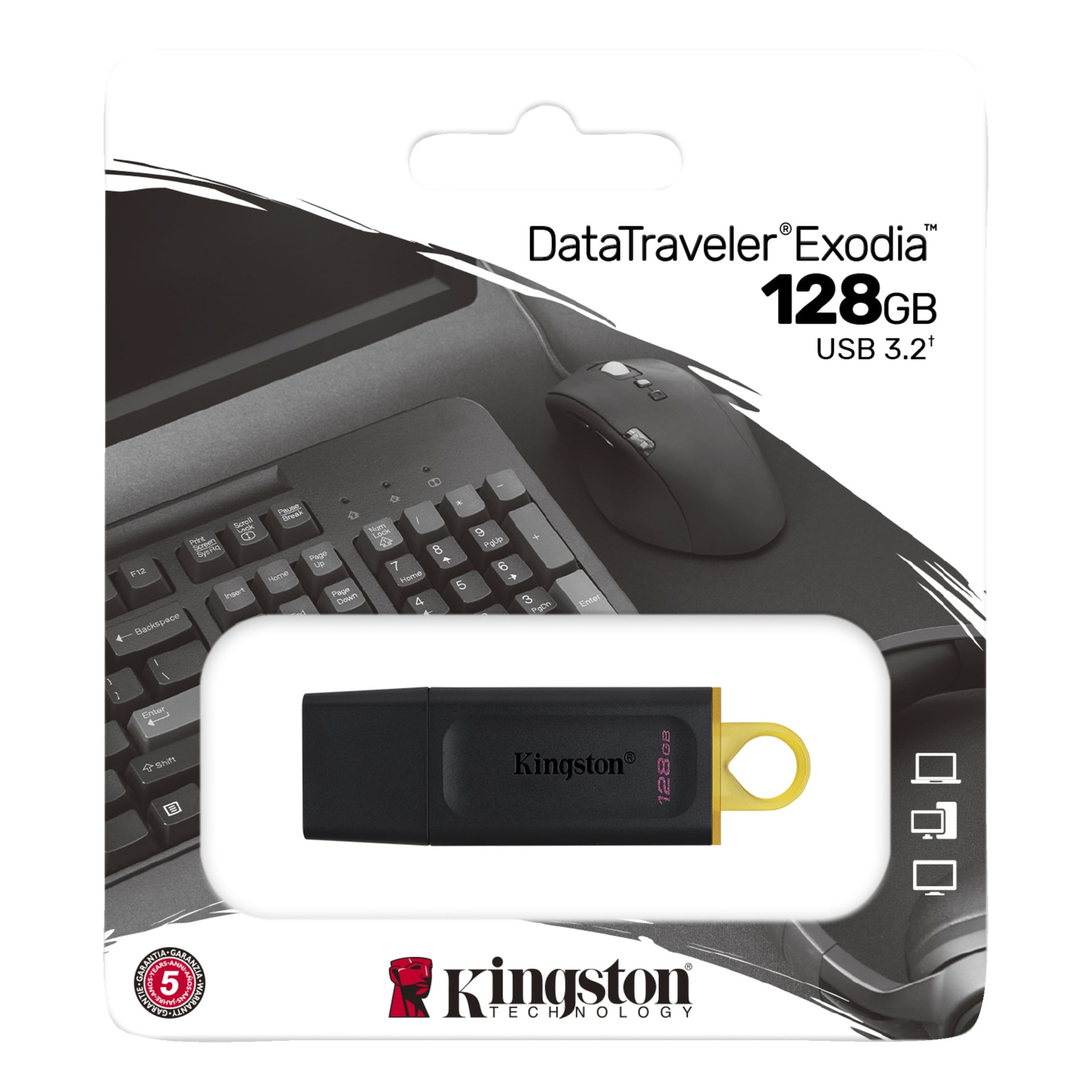 Kingston DataTraveler Exodia 128GB USB 3.2-flashenhet i förpackning med tangentbord och mus.