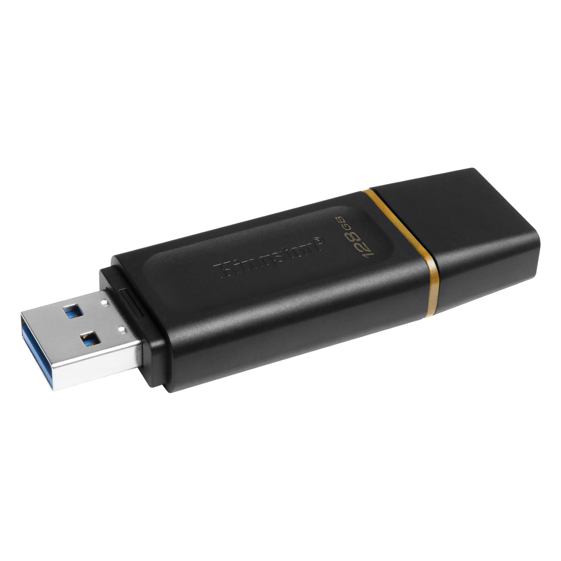 Ett svart Kingston 128GB USB 3.0-minne med ett guldfärgat accentband.