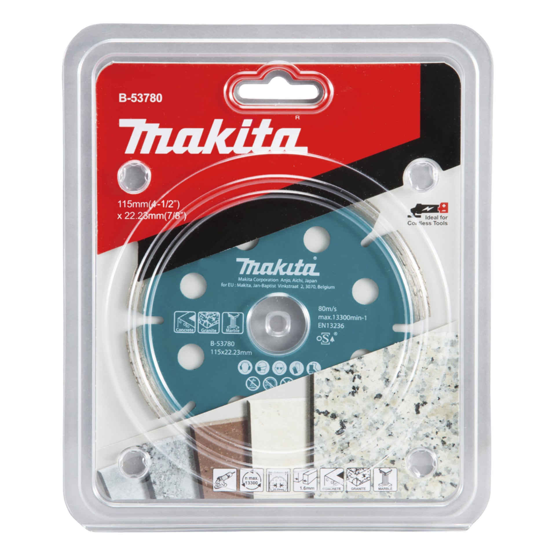 Makita B-53780 diamantskärskiva, 115 mm (4-1/2) x 22,23 mm (7/8), i detaljhandelsförpackning. Idealiskt för sladdlösa verktyg.