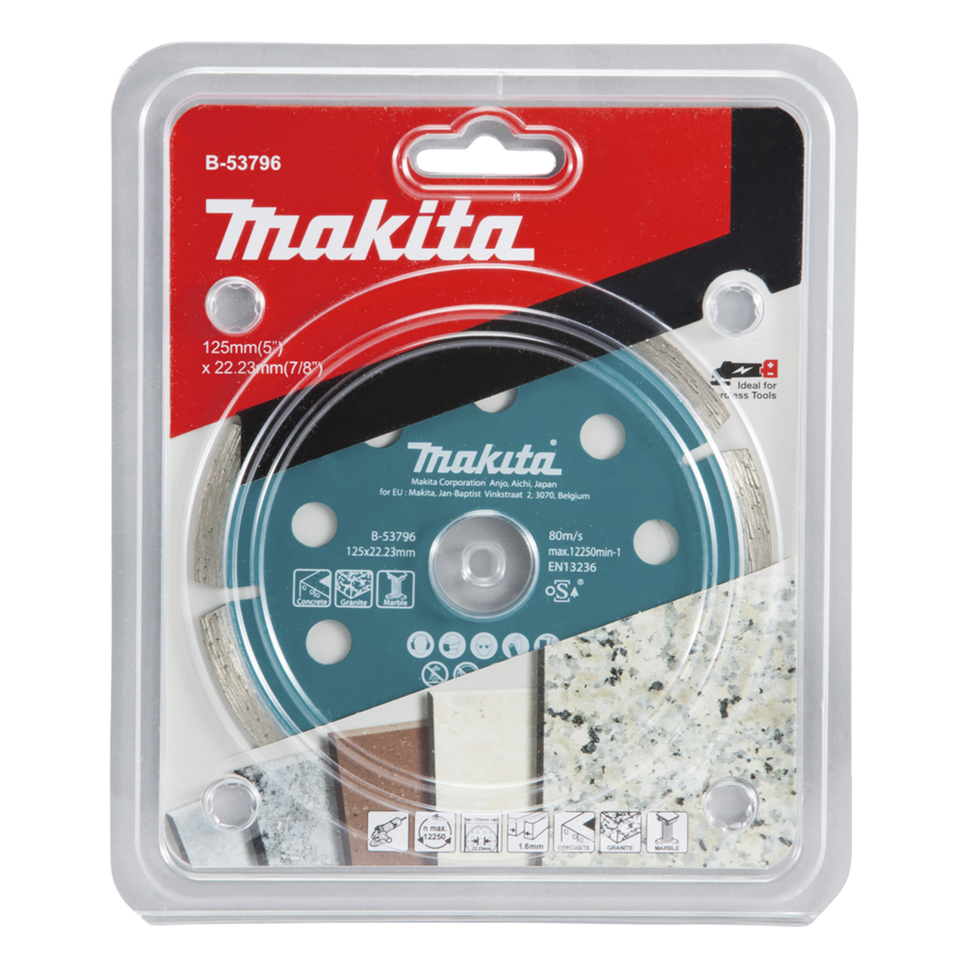 Makita B-53796 125 mm timanttileikkuupyörä, 22,23 mm porukka, ihanteellinen betonille, graniitille ja marmorille.