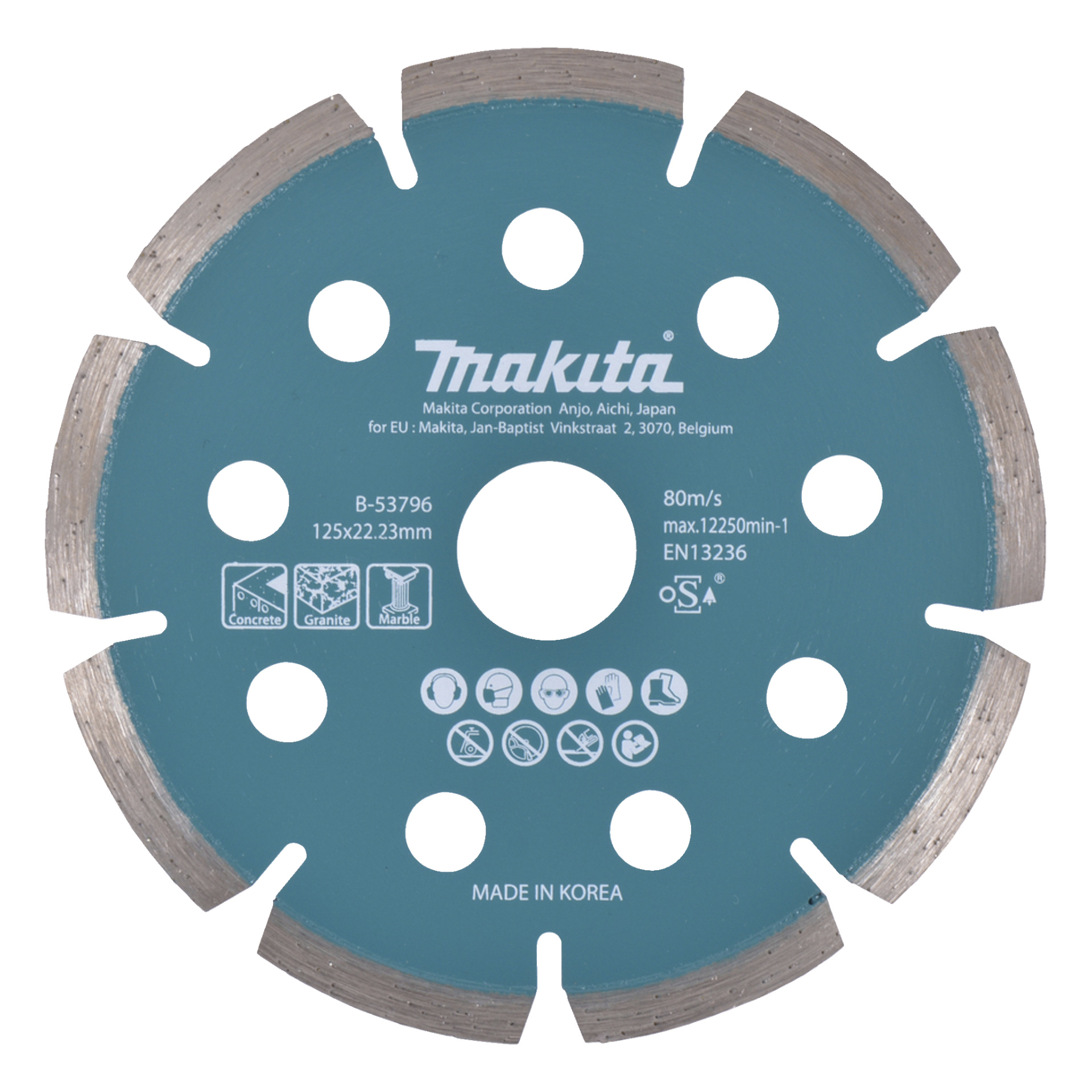 Makita B-53796 125x22,23 mm timanttileikkauslevy betonille, graniitille ja marmorille. Valmistettu Koreassa.