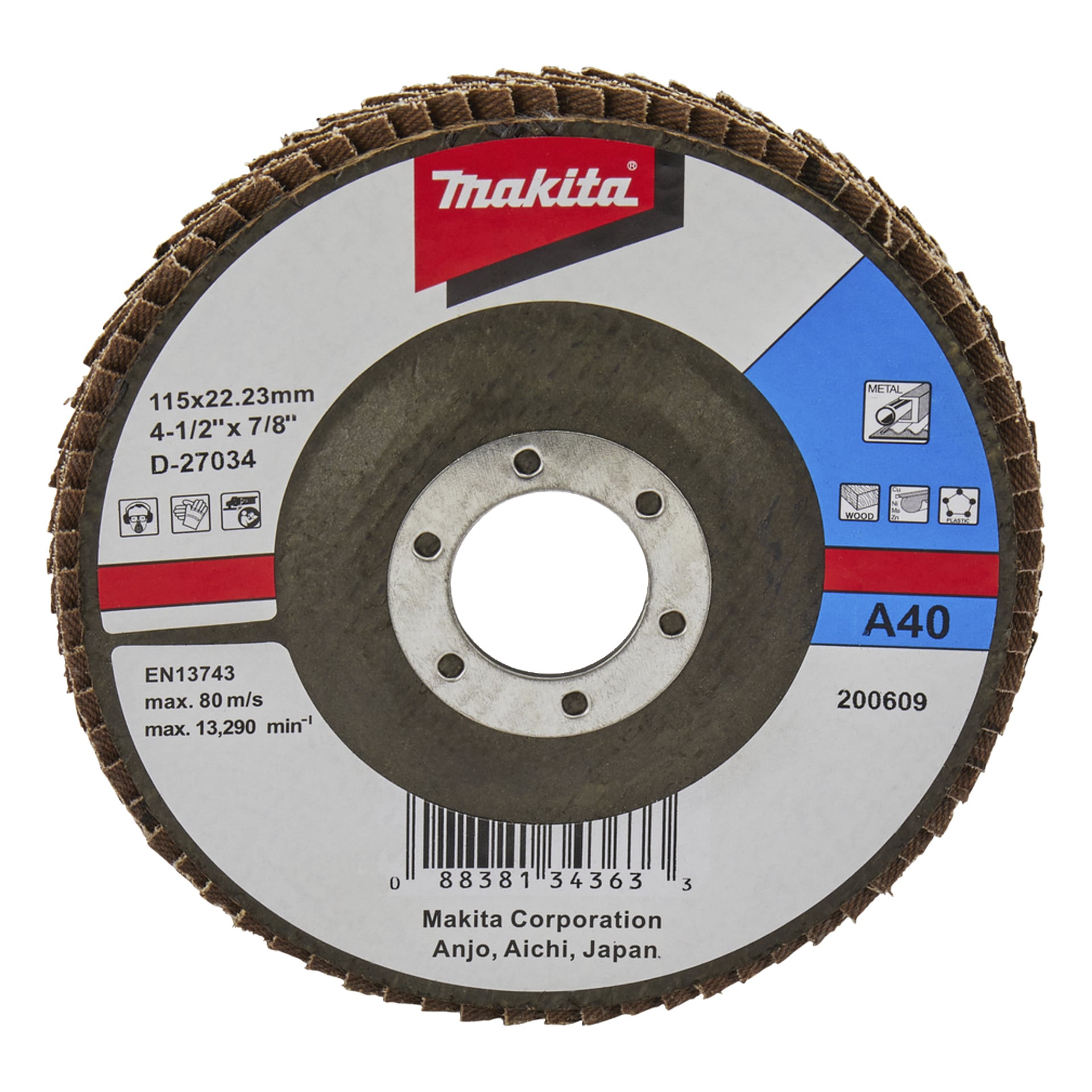 Makita A40 klaffskiva, 115 mm x 22,23 mm (4-1/2 x 7/8). För metall, trä och plast.