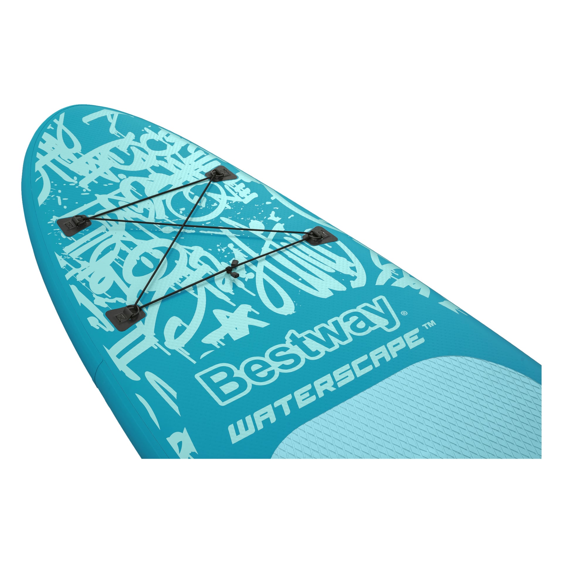 Zbliżenie niebieskiej deski paddleboardowej z białymi graffiti wzorami, pokazująca teksty Bestway i Waterscape oraz czarne sznury bungee na czterech mocowaniach.