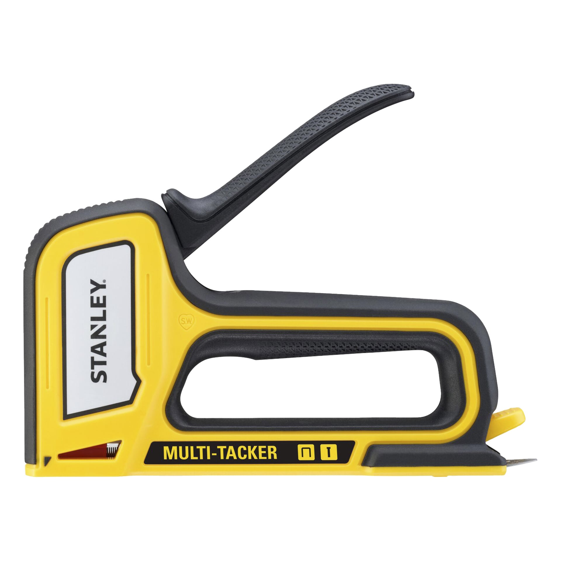En gul och svart Stanley multi-tacker häftpistol med stort handtag, med MULTI-TACKER och Stanley tryckt på sidan.
