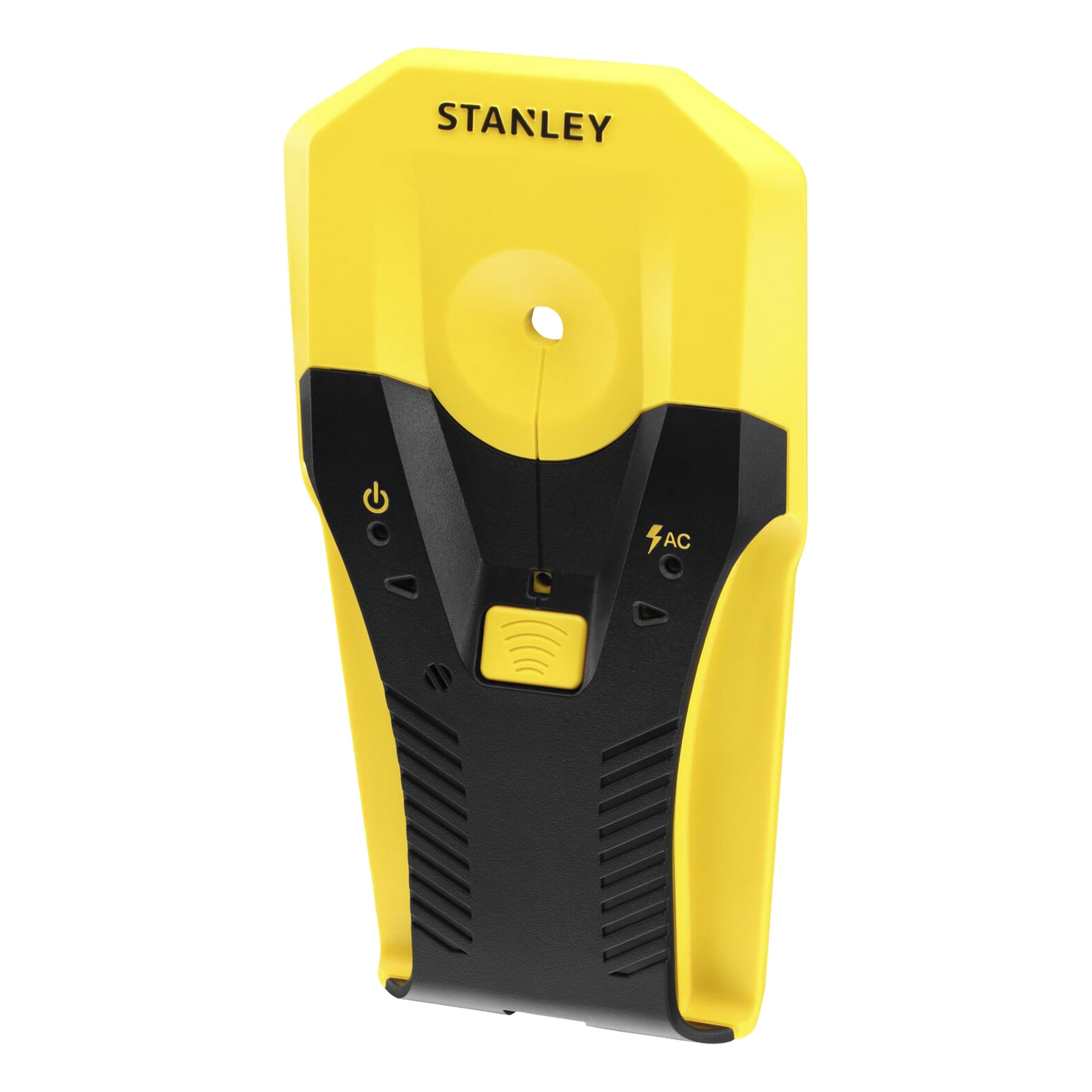 Gul och svart Stanley-regelmätare med en central knapp, kraft- och blixtsymboler samt ett märkbart hål nära toppen.