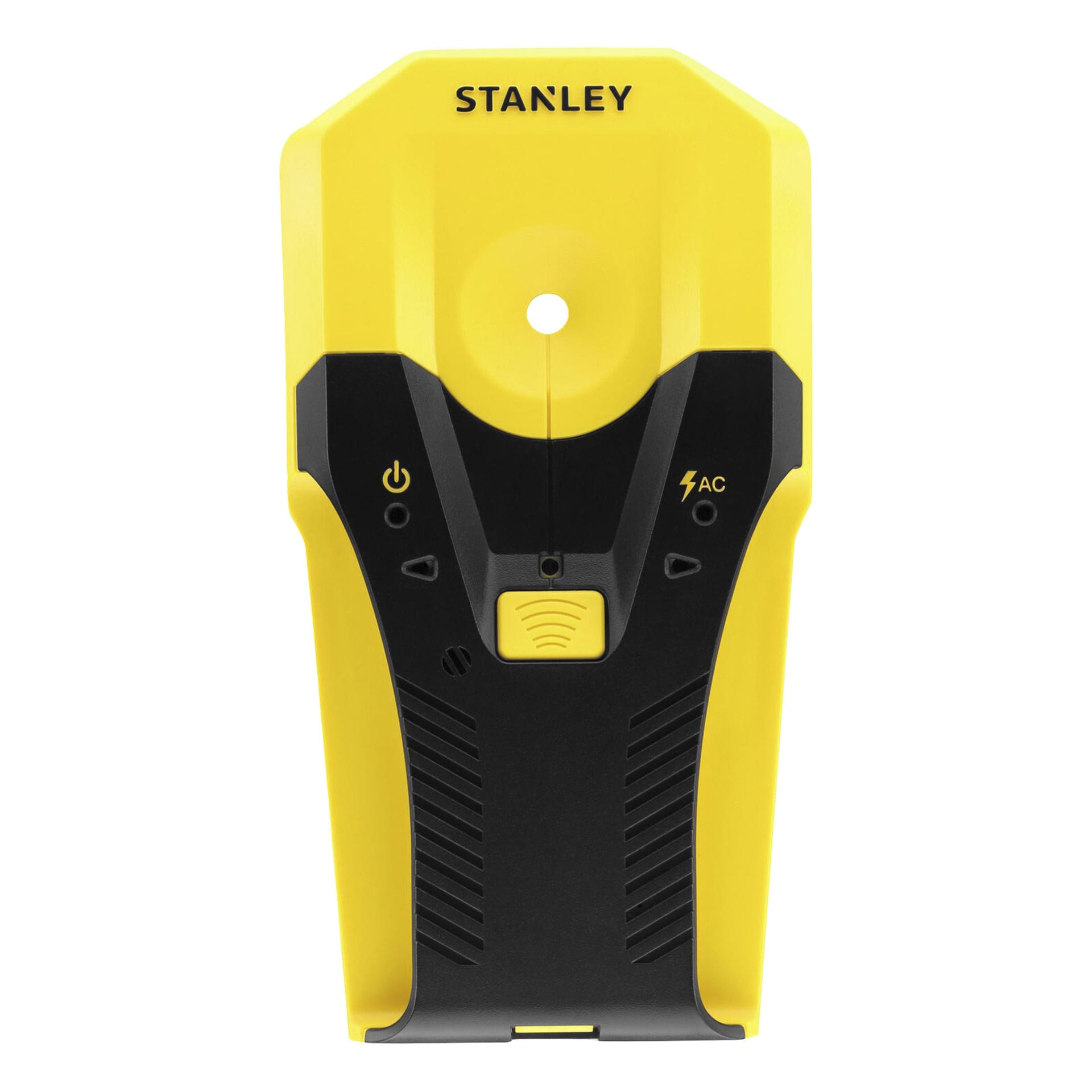 En Stanley elektronisk reglsökare i gult och svart, med strömbrytare, AC-detektering, högtalarikon och central indikatorlampa.