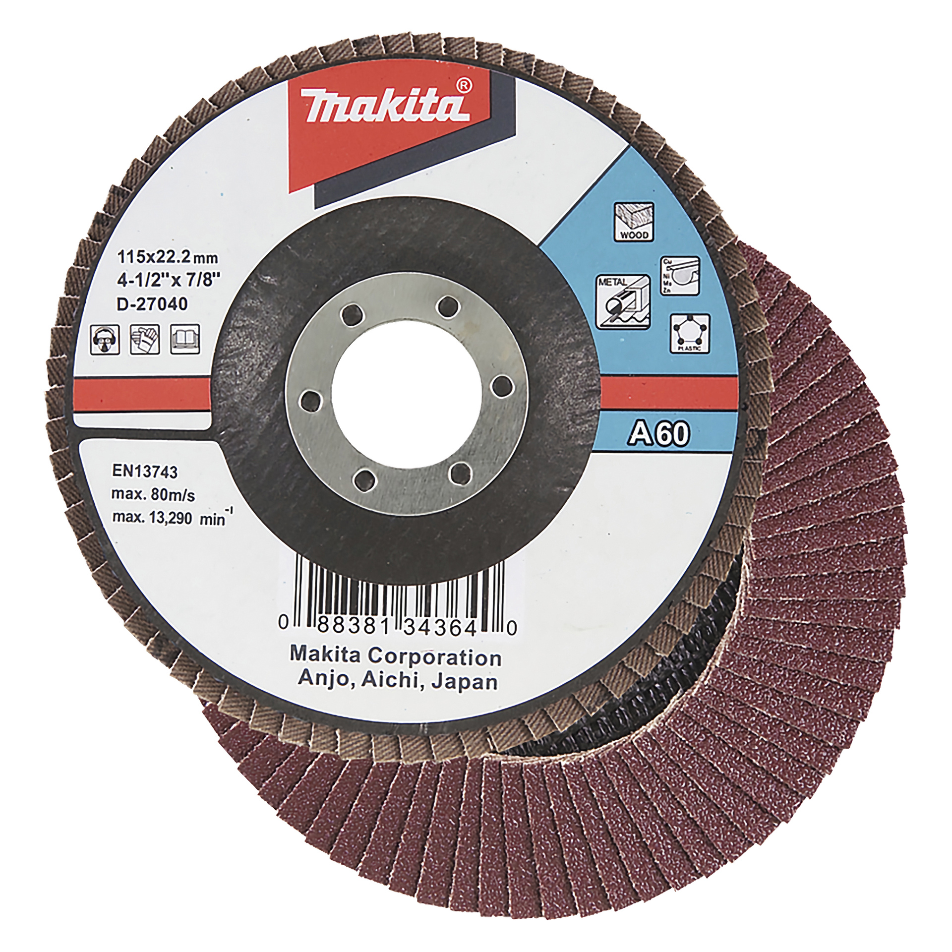 Pinotetut Makita-hankaavat läppälevyt, joissa on viininpunaiset läpät, näytön koko (115x22,2 mm), maksiminopeus (13 290min⁻¹) ja muita yksityiskohtia.