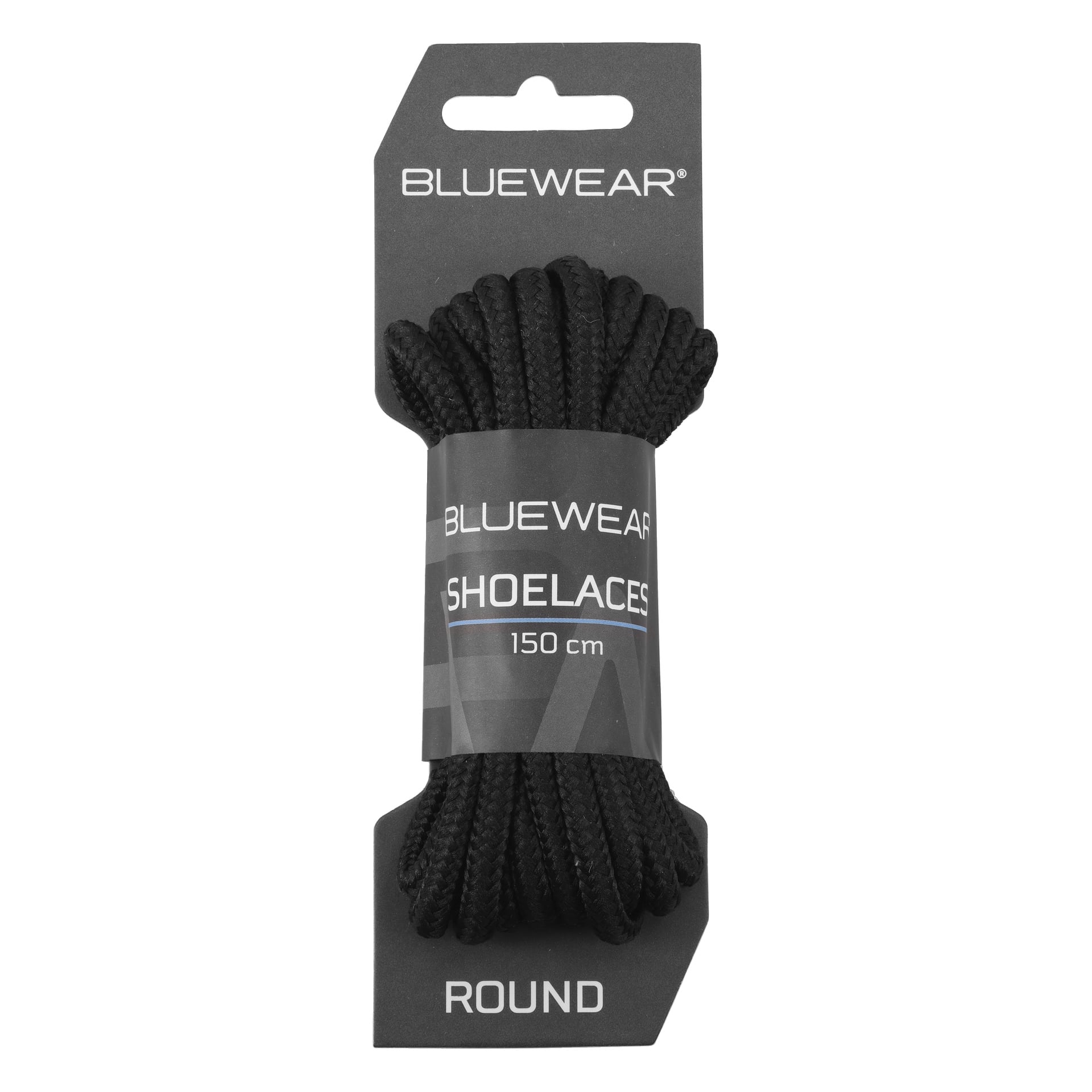 Svarta runda skosnören paketerade tillsammans med förpackningen där det står BLUEWEAR SHOELACES 150 cm RUND i vitt på svart.