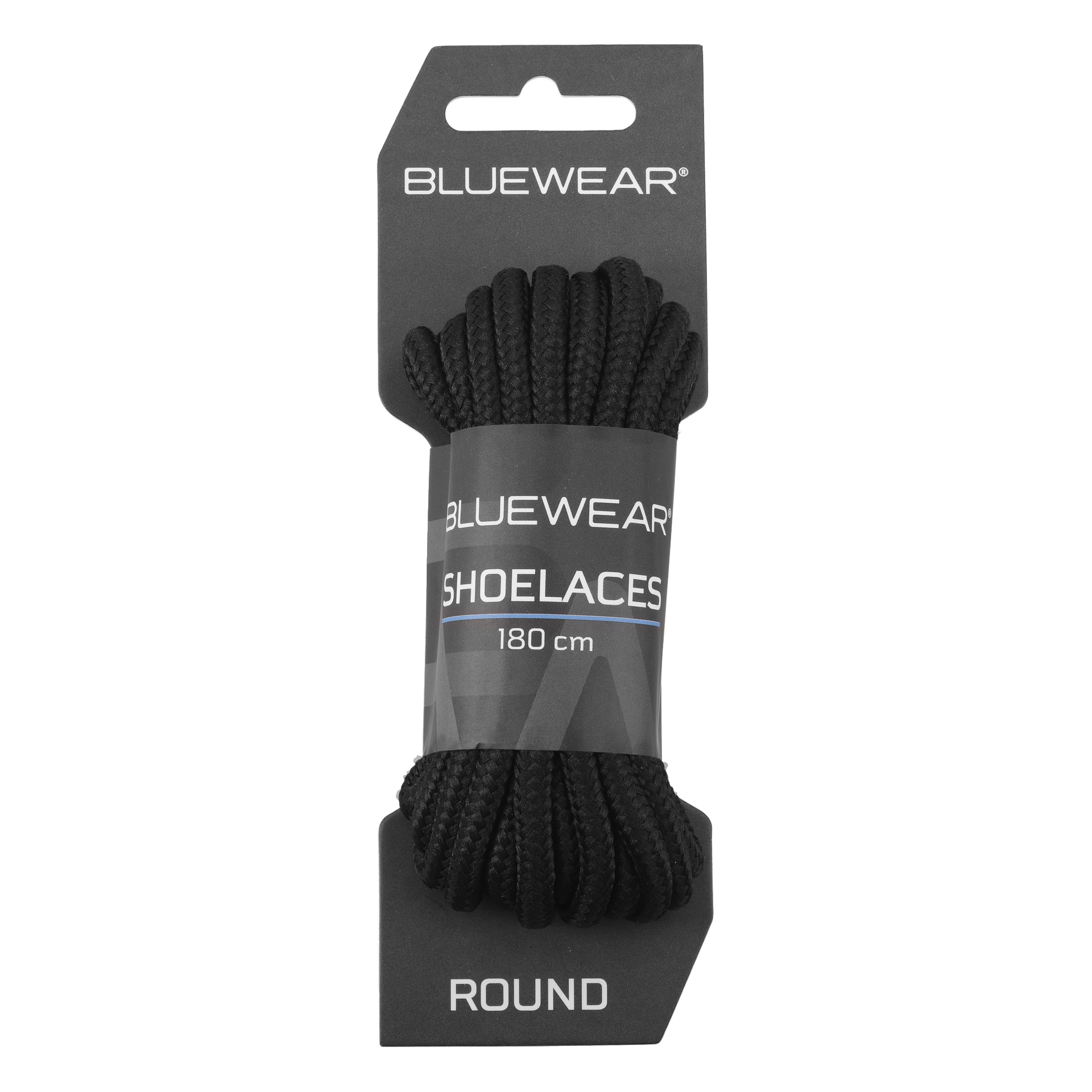 Förpackningen märkt BLUEWEAR med svarta runda skosnören, 180 cm långa, ringlade och hållna i svart och grå märkesförpackning.