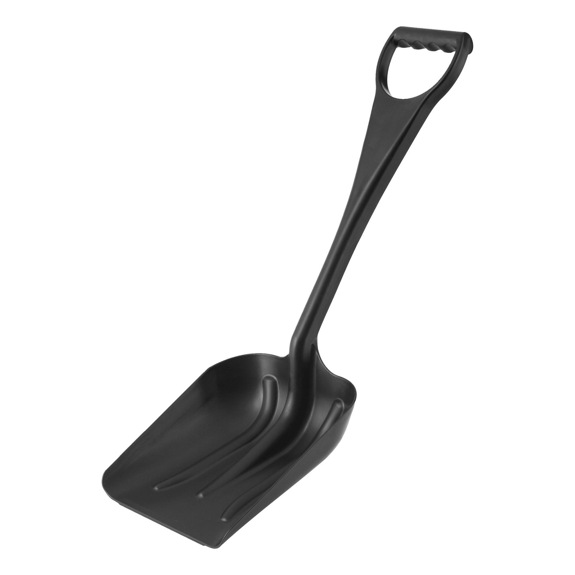 En svart plastspade med en bred rektangulär scoop och ett D-format handtag.