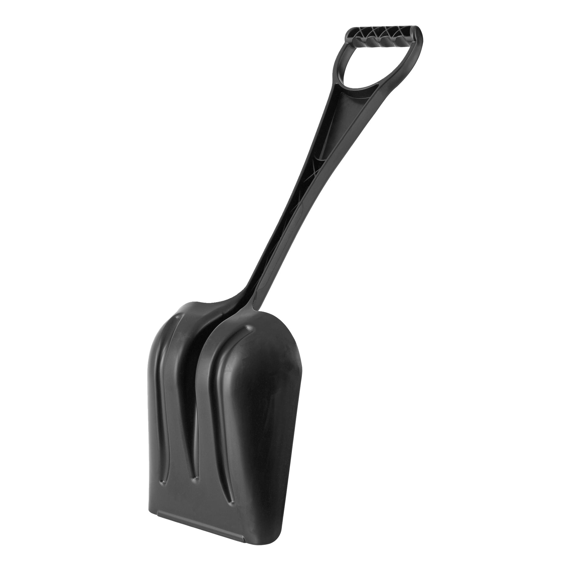En svart plastsnöspade med ett brett, böjt blad och ett rakt handtag med ett D-grepp står upprätt.