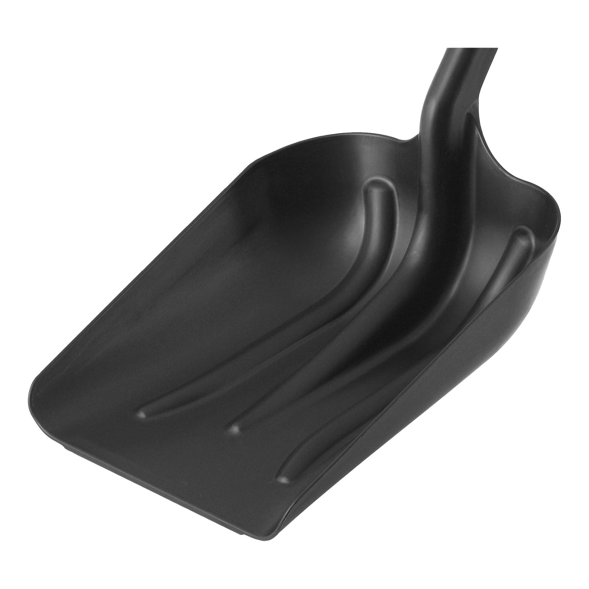 Svart plastskopa med ett djupt, böjt blad, kort handtag och räfflad design för styrka; Perfekt för spannmål eller djurfoder.