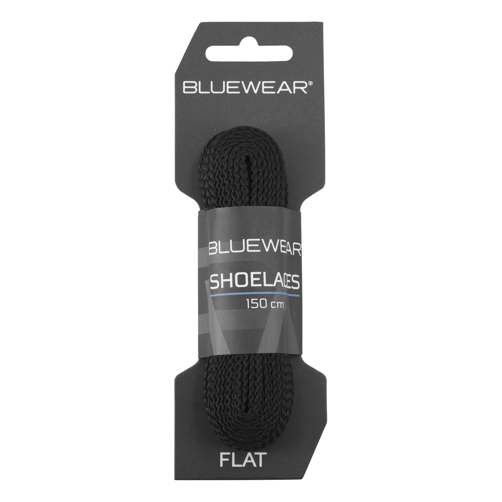 Bluewear platta svarta skosnören, 150 cm långa, i förpackning med en svart och grå etikett där det står BLUEWEAR SHOELACES 150 cm PLATT.