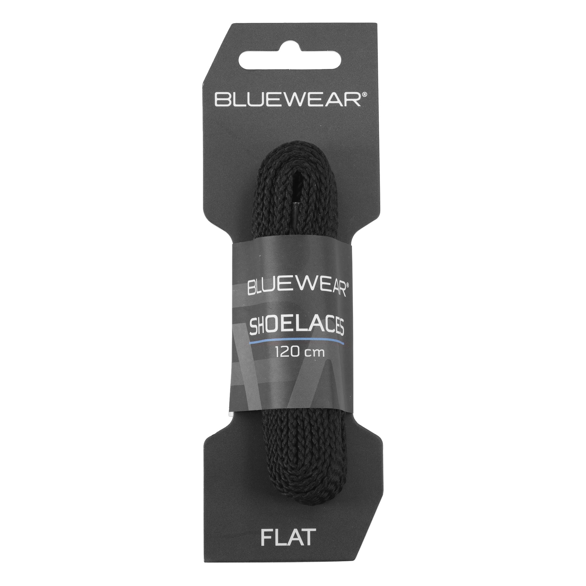 Bluewear platta svarta skosnören, 120 cm långa, i ett paket på mörk kartongbaksida med produktetiketter.