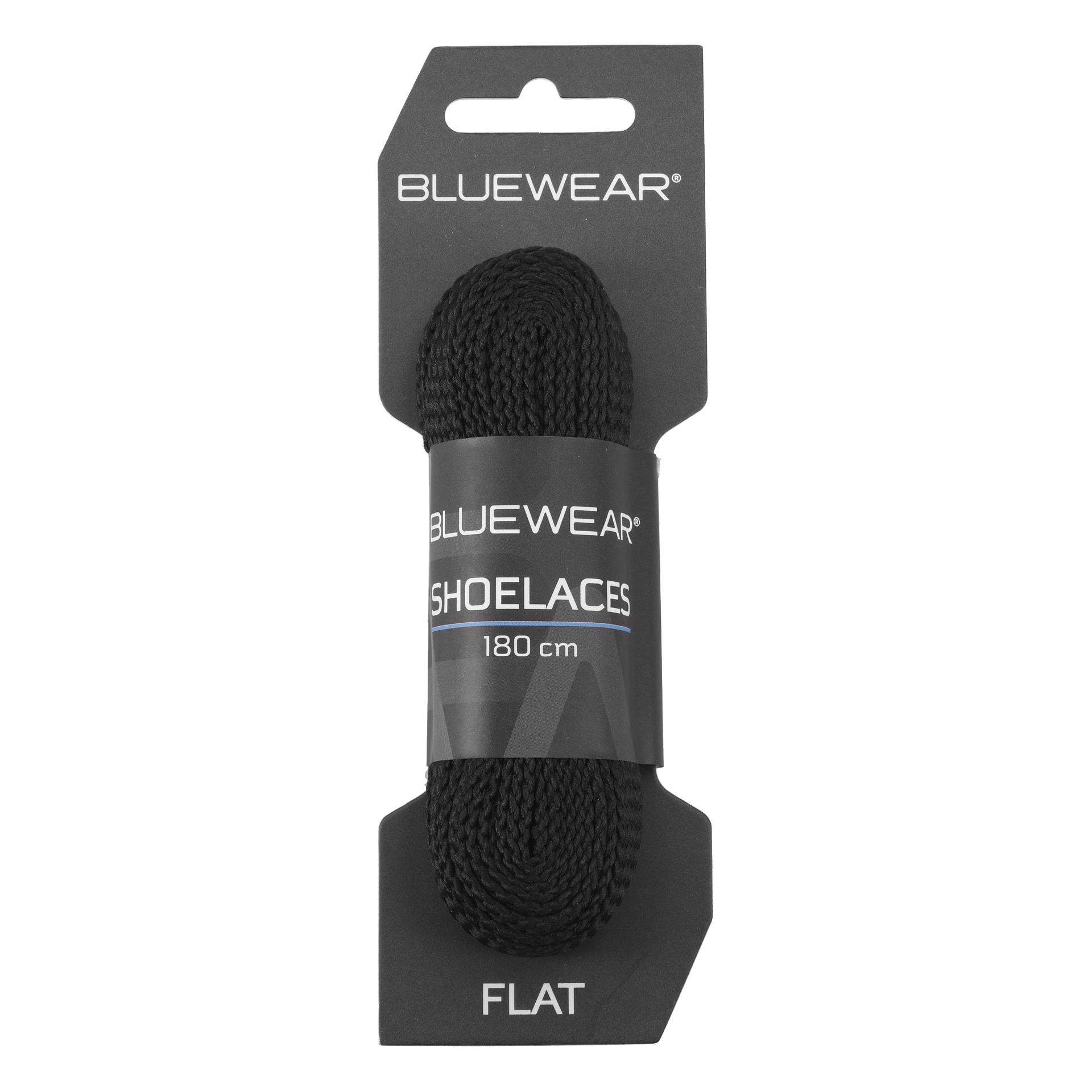 Bluewear platta svarta skosnören, 180 cm långa, är bundna med en märkesetikett och placerade mot en enkel bakgrund.
