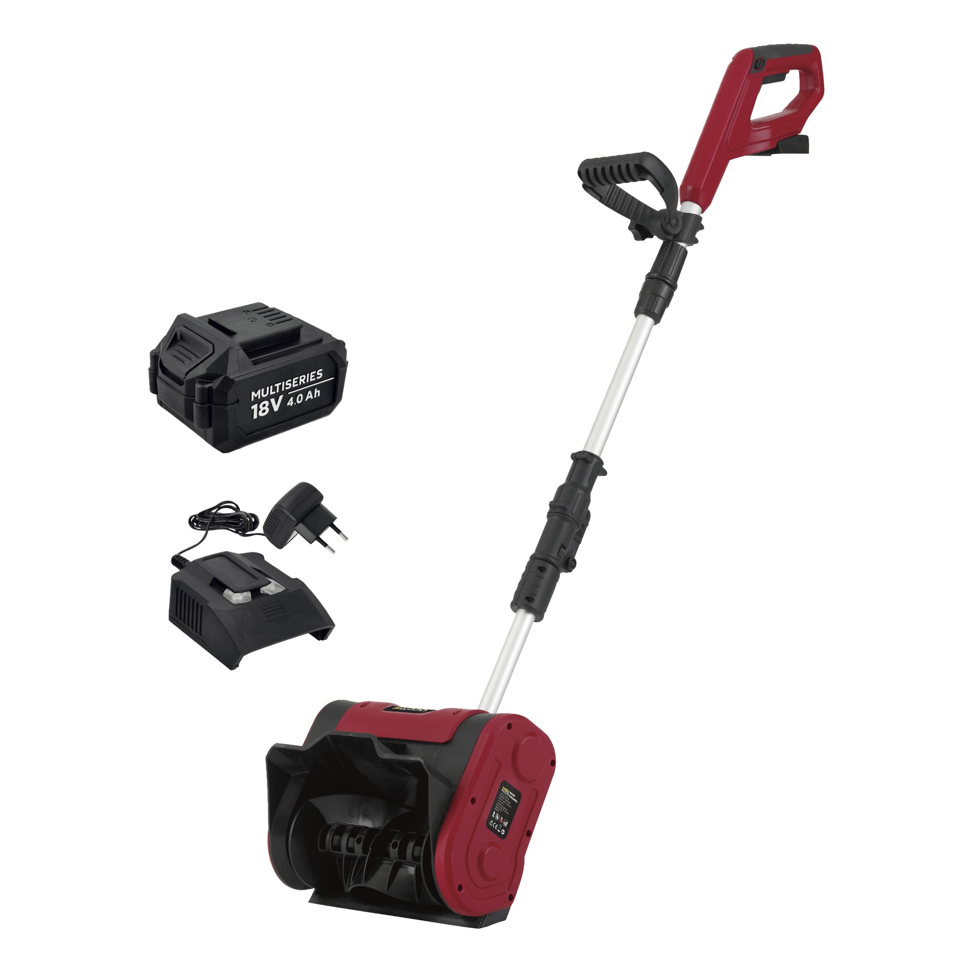 En sladdlös röd och svart elektrisk snöskyffel med justerbart handtag, plus ett svart uppladdningsbart batteri och laddare med strömkabel.