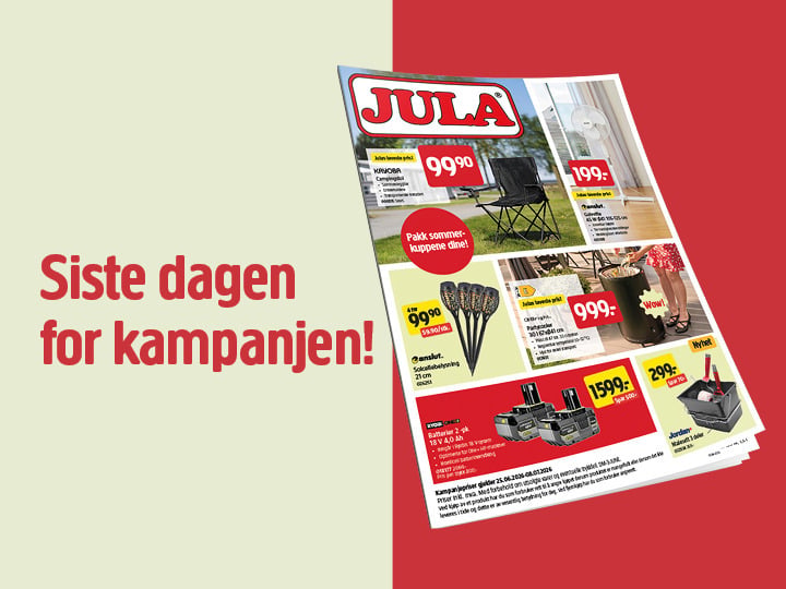 En Jula-butikkbrosjyre på rød og beige bakgrunn med teksten "Siste kampanjedag!" og ulike produktbilder og priser.