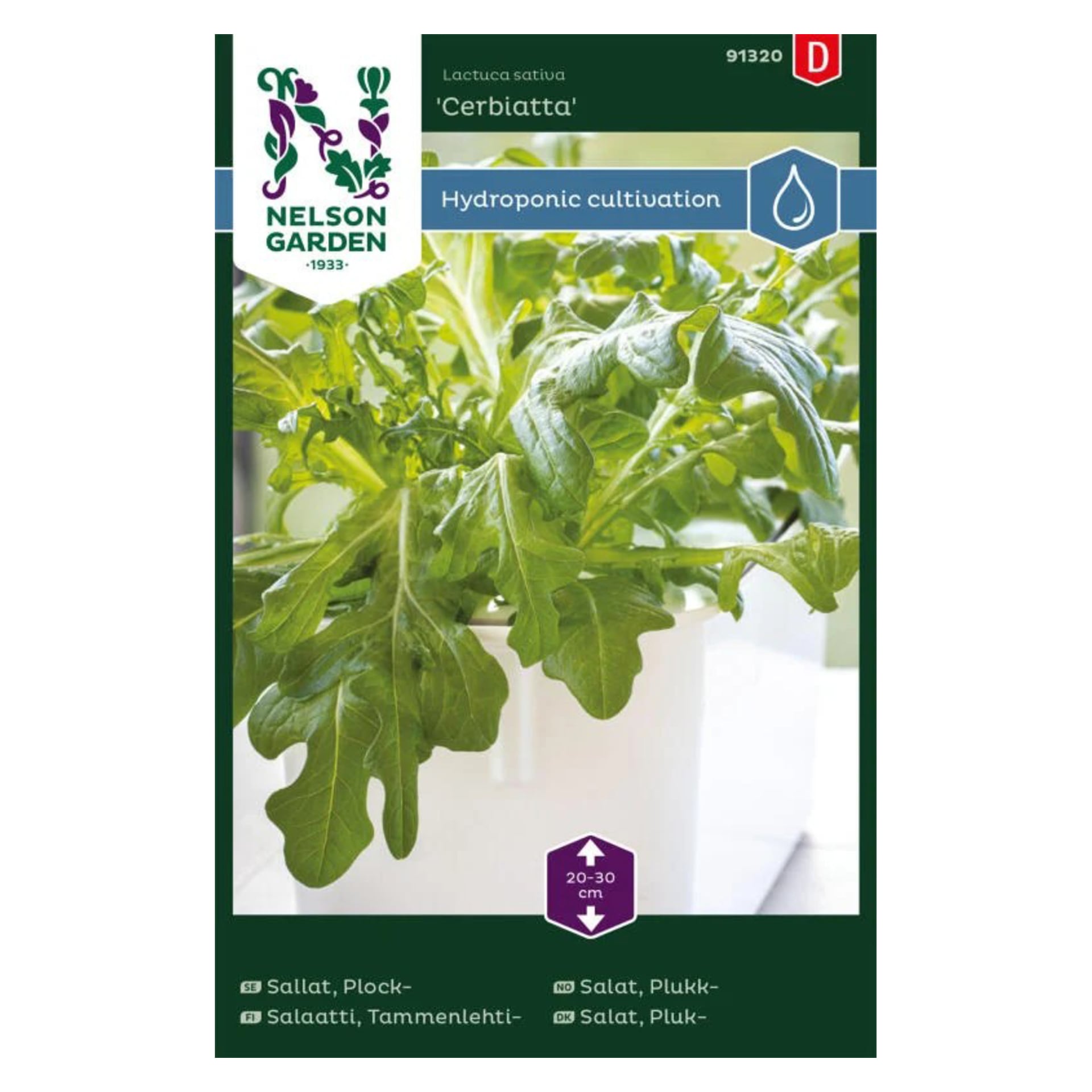 Nelson Garden Cerbiatta hydroponisk salladspåse med frodig grön sallad i en kruka; ikoner för hydroponiskt bruk, 20–30 cm höga.