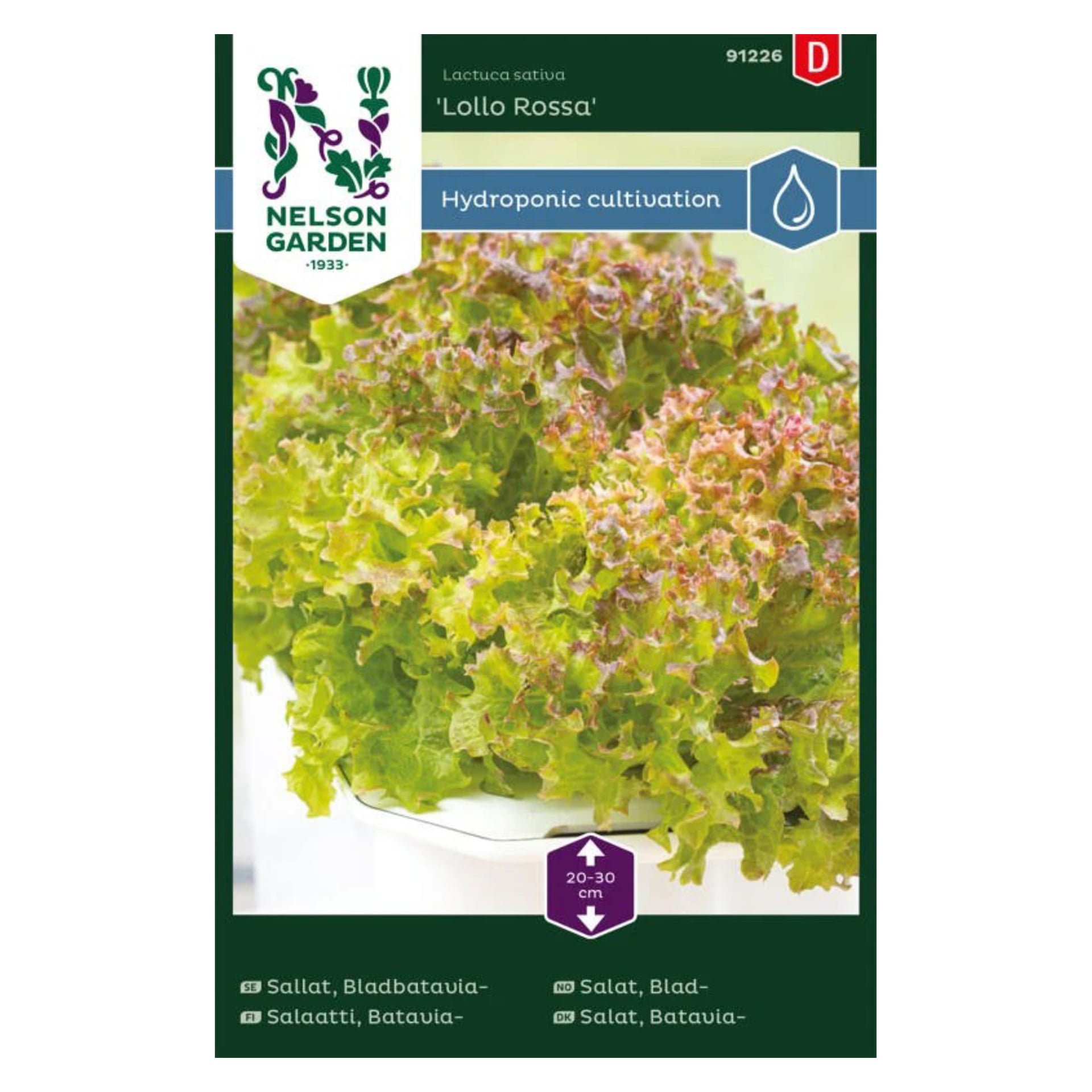 Ett Nelson Garden Lollo Rossa-fröpaket med en närbild av volanggröna och röda blad och en anteckning om hydroponisk användning.