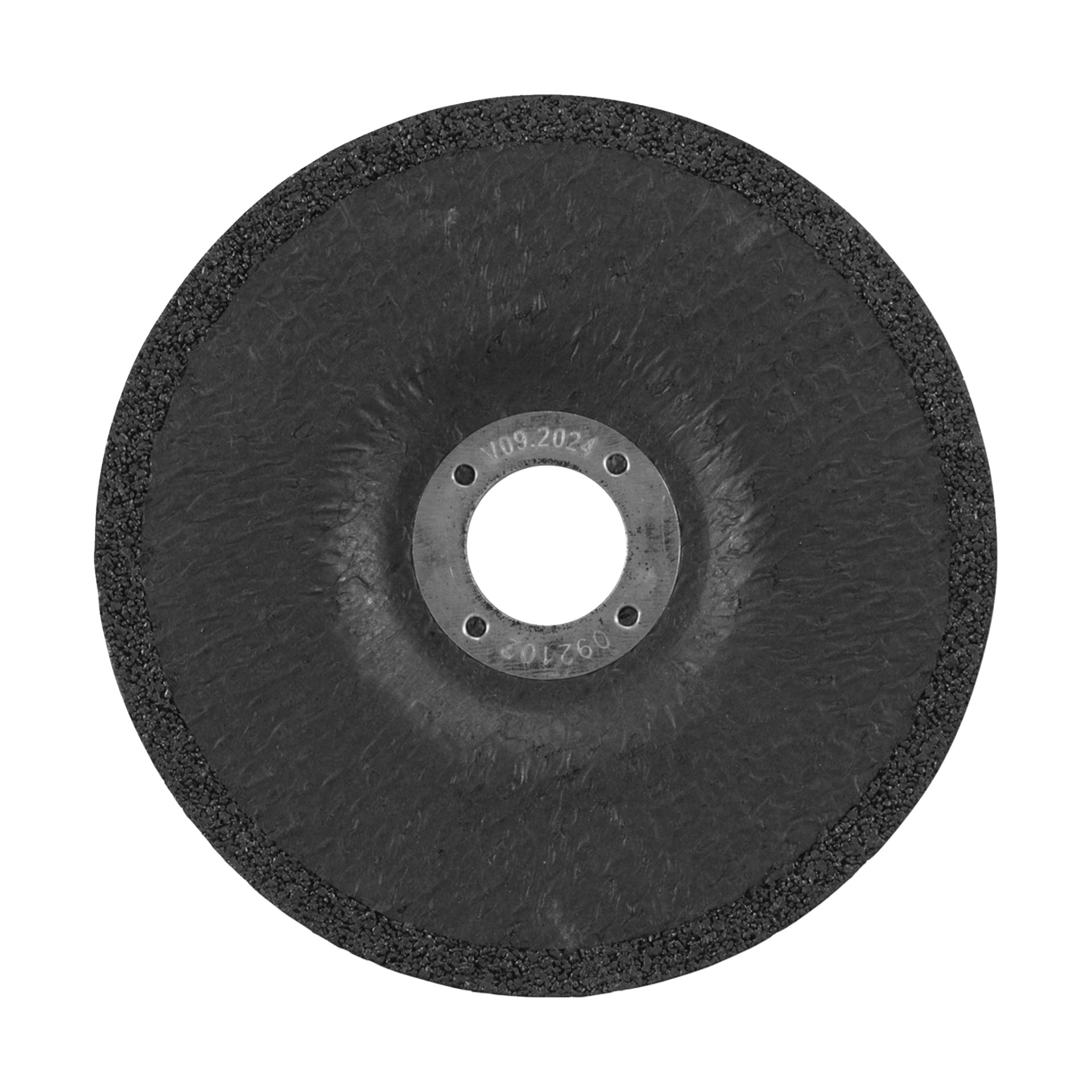 Ett svart cirkulärt sliphjul med en grov kant och ett metallhål i mitten, sedd ovanifrån.