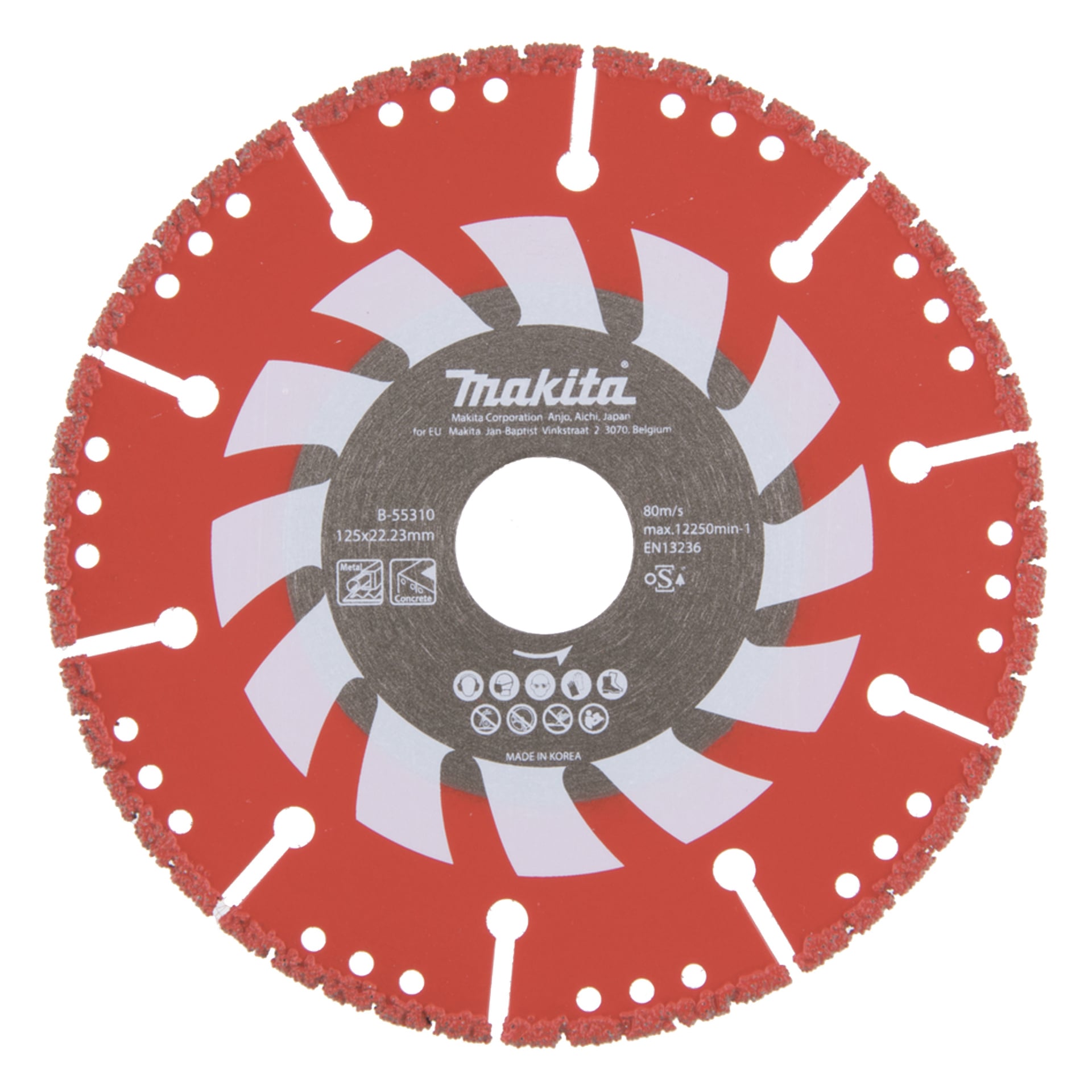 Das rote Makita-Kreissägeblatt, weiße Details, segmentierter Felg, Mitteltext nennt die Größe 125x22,23 mm und eine maximale Geschwindigkeit von 12.250 U/min.