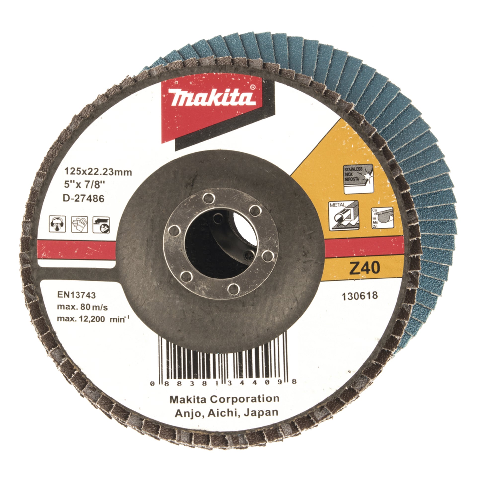 Makita Z40 klaffskive med blå klaffer, merket for metall, rustfritt, tre; 125x22,23 mm, maks 80 m/s eller 12 200 rpm; etiketten viser detaljer.