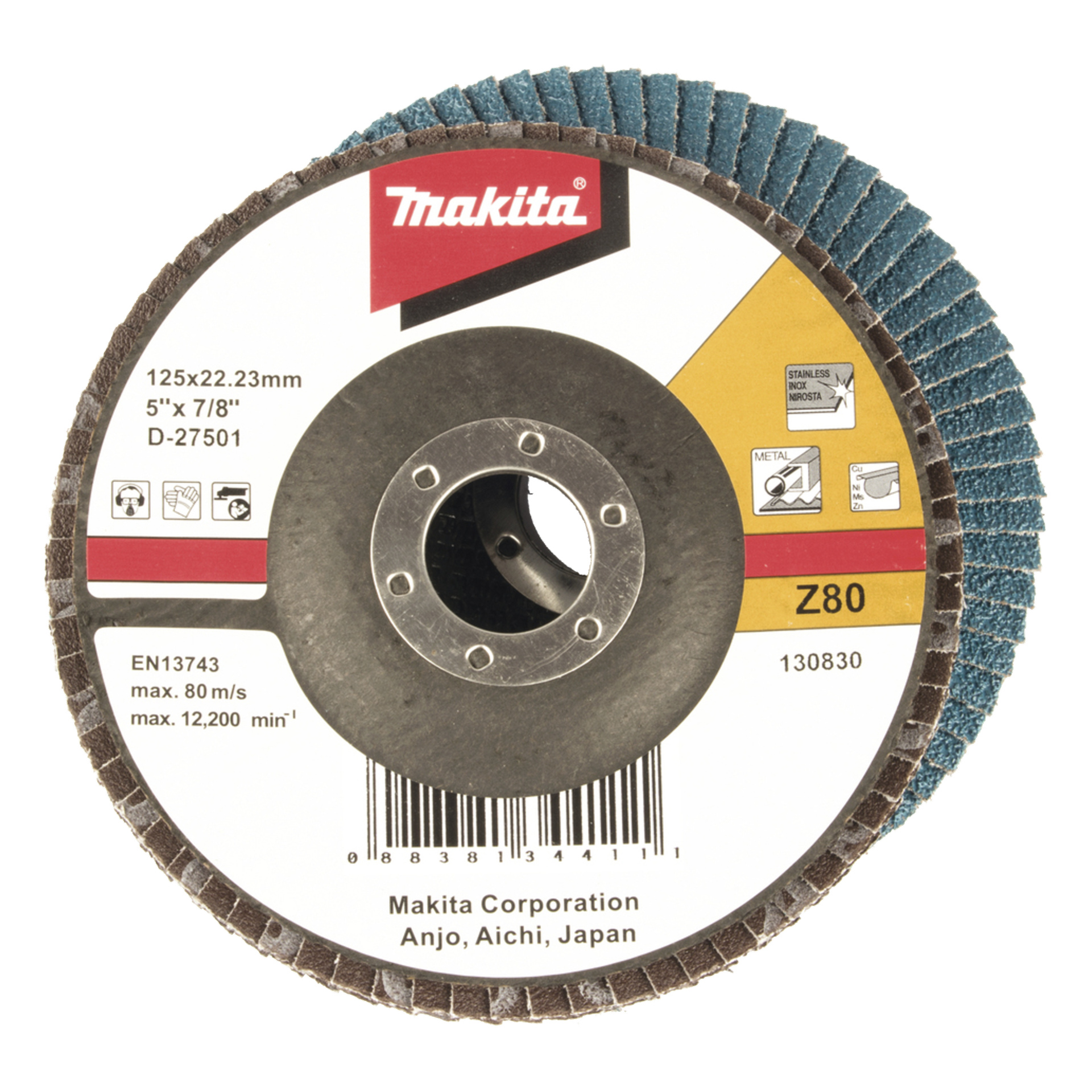 Makita Z80 läppälevy sinisellä läpällä, tekniset tiedot 125x22,23 mm, 5x7/8, maksimi 12 200 RPM; Etiketissä on turvallisuuskuvakkeet ja valmistajatiedot.