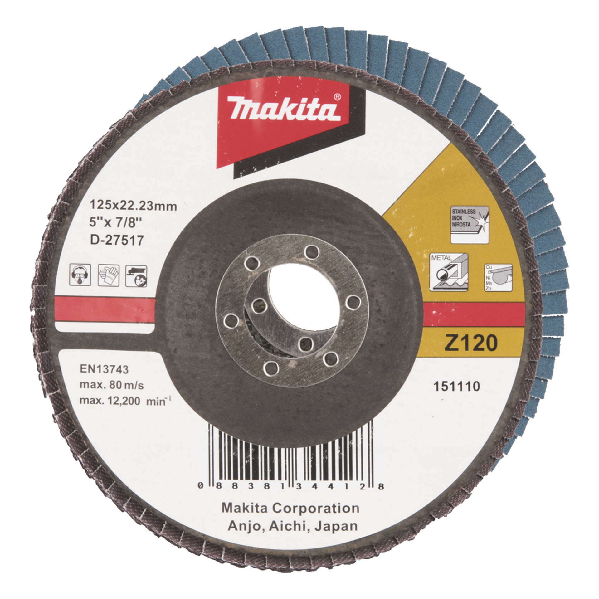 Makita-hiontaläppälevy, merkitty 125x22,23 mm, Z120-karkeus, maksiminopeus 12 200 rpm; Kuvakkeet osoittavat, että se on metallille ja ruostumattomalle teräkselle.