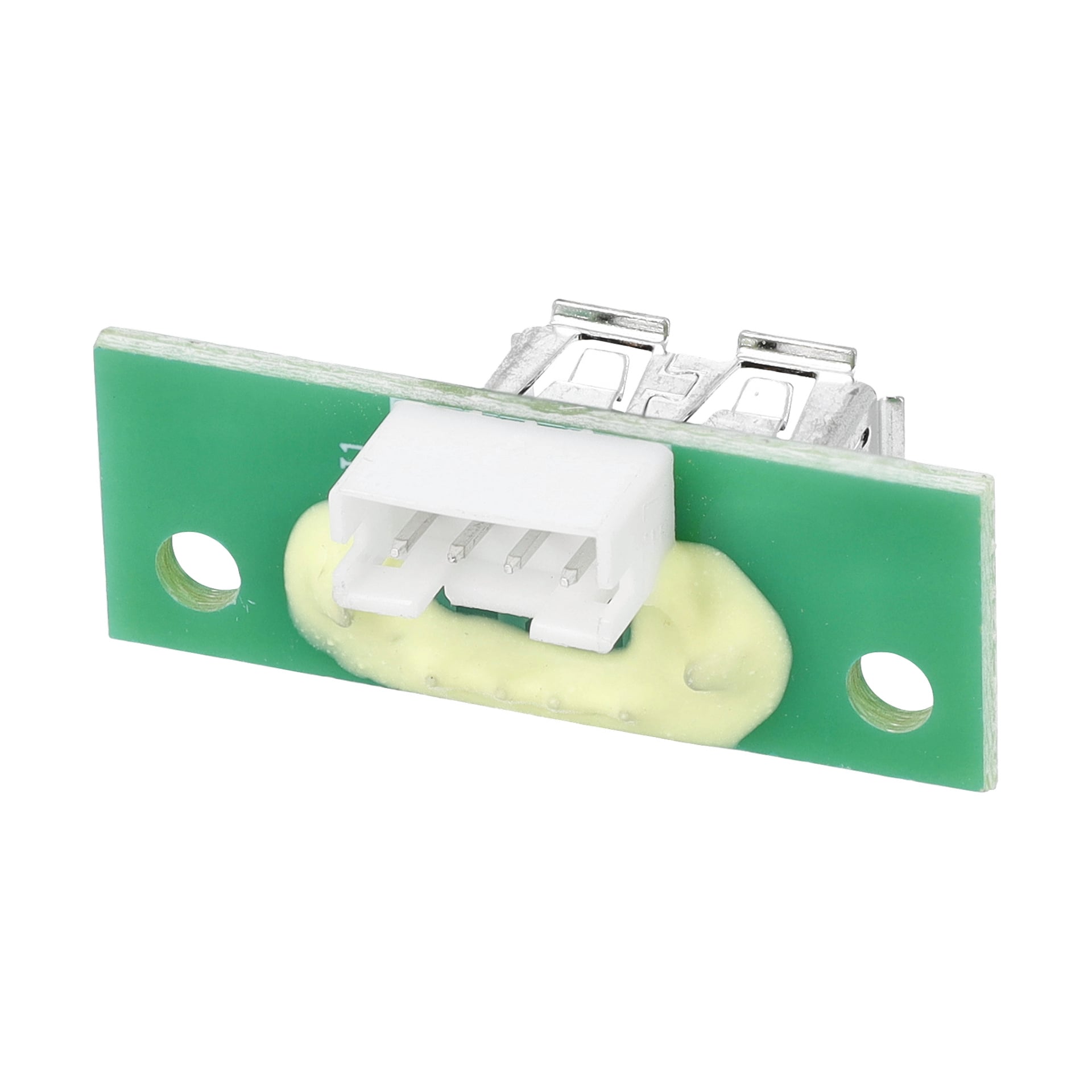 Płytka USB dla robotycznych kosiarek z podwójnymi portami USB, żółtym białym złączem 4-pinowym oraz dwoma bocznymi otworami montażowymi.